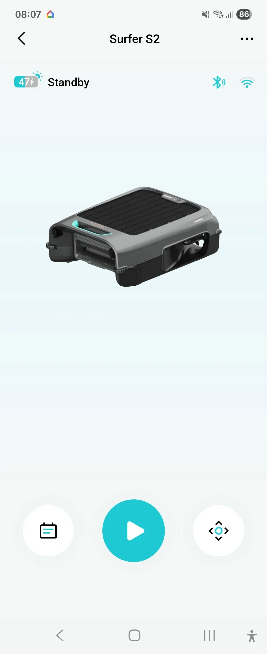 A smartphone app interface for the Surfer S2 robotic pool skimmer. At the center is a 3D model of the grey and black skimmer equipped with a solar panel on top. The top bar displays the device name 'Surfer S2', a battery level of 47%, the status 'Standby', and Bluetooth and Wi-Fi connection icons. The bottom features three controls: a schedule/calendar button, a large circular play button in cyan, and a target/direction button.