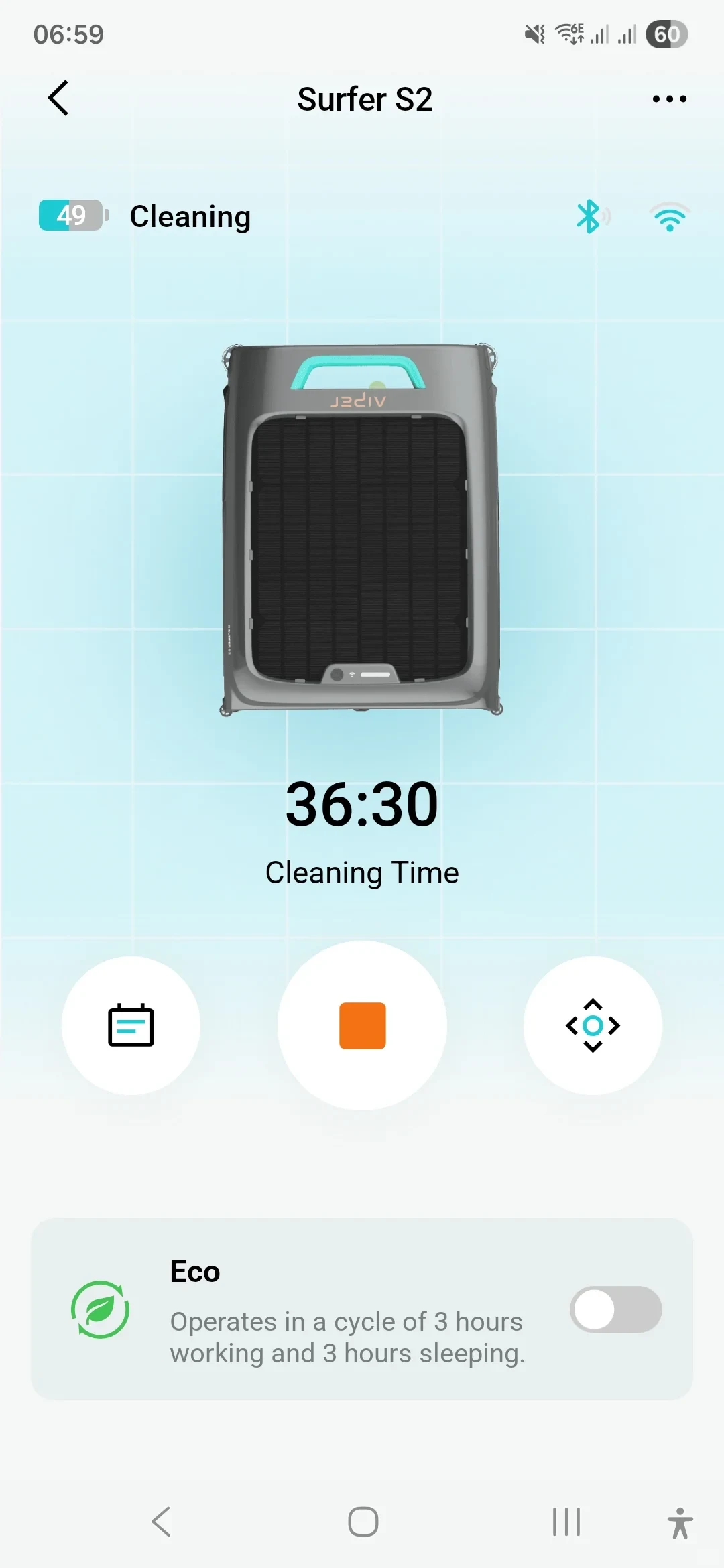 Screenshot of a mobile application interface for controlling a Surfer S2 pool cleaning robot. The top displays the device name 'Surfer S2' alongside a 49% battery indicator, a status of 'Cleaning', and connection icons. In the center, a top-down view shows the solar-powered skimming robot over a light blue water grid, with a timer reading '36:30' above the label 'Cleaning Time'. Below are three circular control buttons, including a central orange stop button, and an 'Eco' mode toggle switch at the bottom with a description indicating a cycle of 3 hours working and 3 hours sleeping.