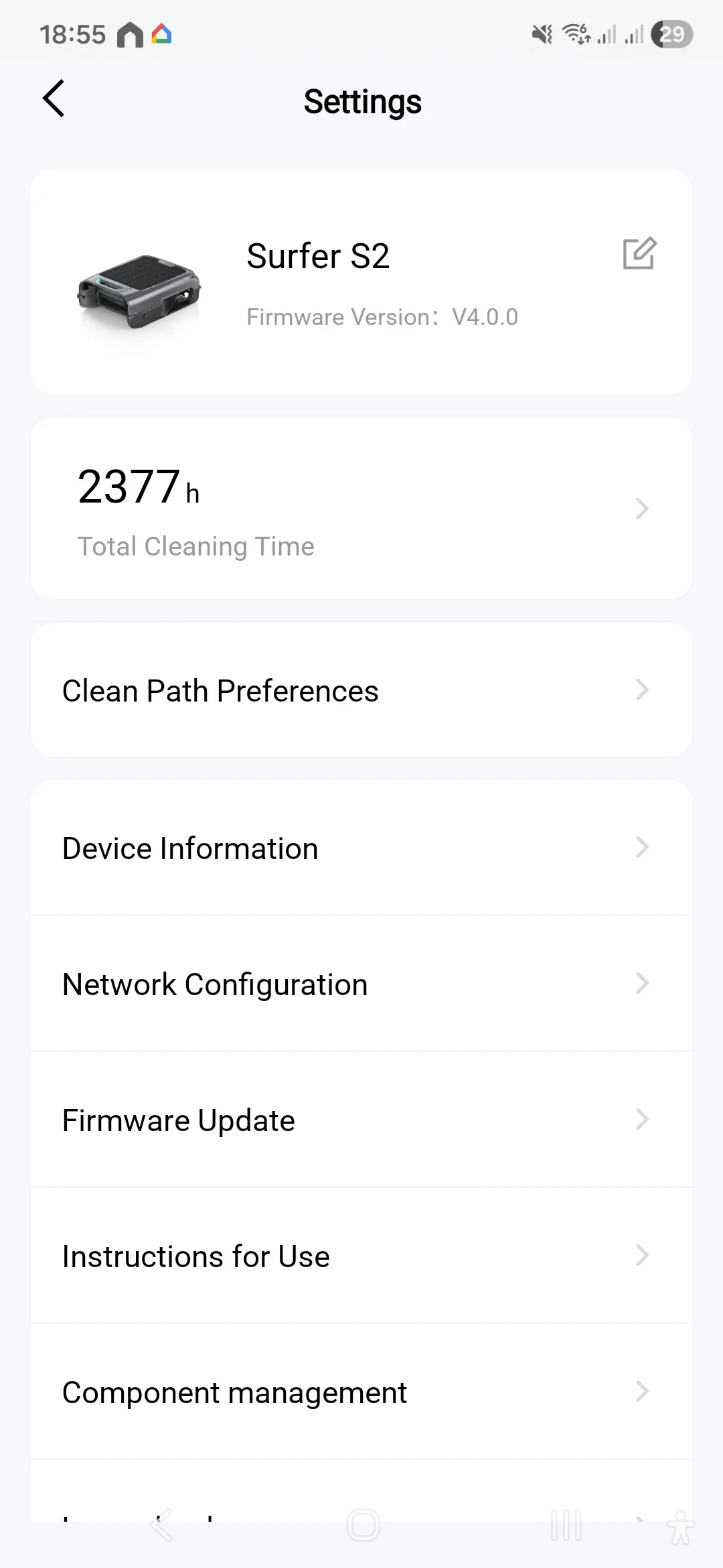 Settings screen of a mobile app for a pool cleaning robot named Surfer S2. The screen displays the robot's model image, firmware version V4.0.0, a total cleaning time of 2377 hours, and menu options for Clean Path Preferences, Device Information, Network Configuration, Firmware Update, Instructions for Use, and Component management.
