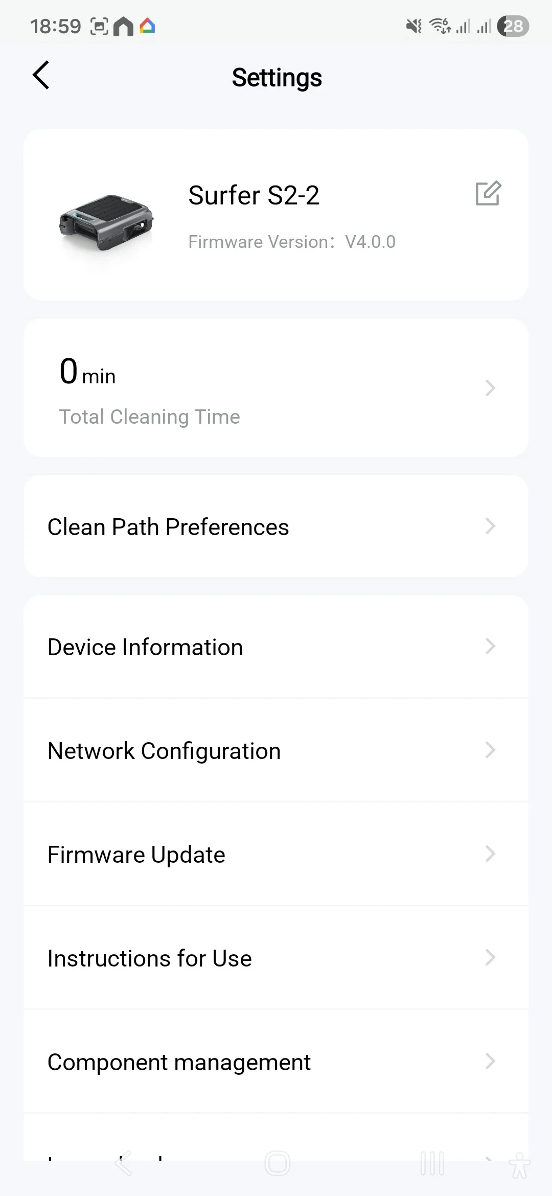 Settings screen of a mobile application for the Surfer S2-2 robotic pool skimmer, displaying device information with firmware version V4.0.0, total cleaning time of 0 minutes, and options for clean path preferences, device information, network configuration, firmware update, instructions for use, and component management.