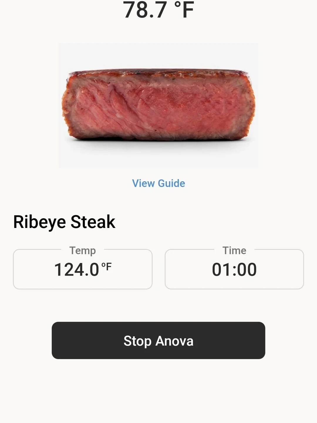 Screenshot of the Anova companion app showing sous vide cooking parameters for a ribeye steak set to 124.0 degrees Fahrenheit for one hour.
