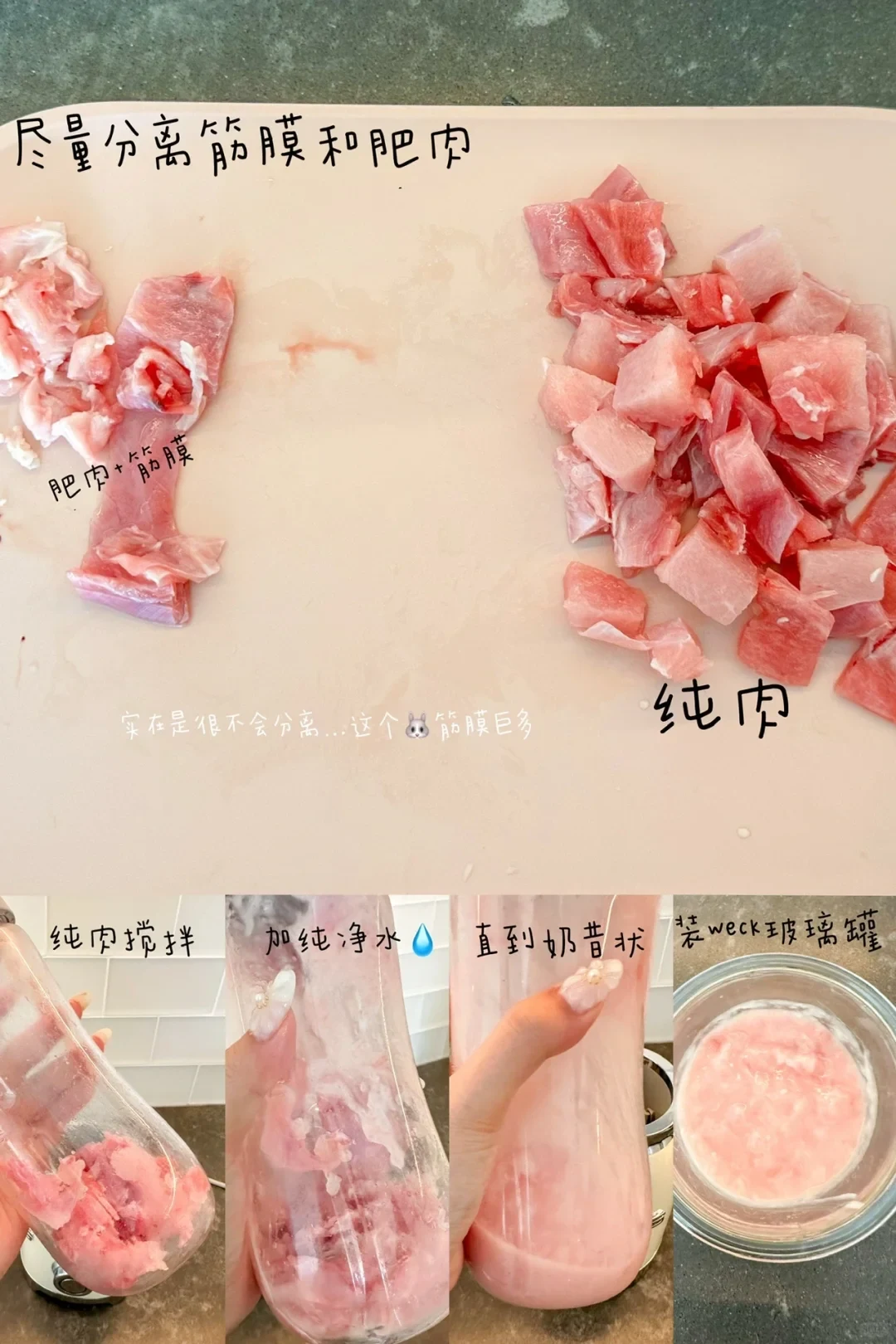 A step-by-step preparation collage for homemade sous vide cat food showing diced raw meat on a cutting board at the top and blending steps along the bottom.