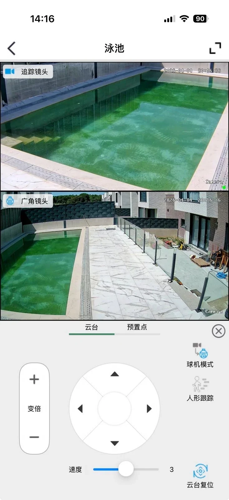 Smartphone screenshot of a surveillance camera app displaying split-screen live feeds of an outdoor swimming pool filled with green algae, accompanied by PTZ navigation controls at the bottom.