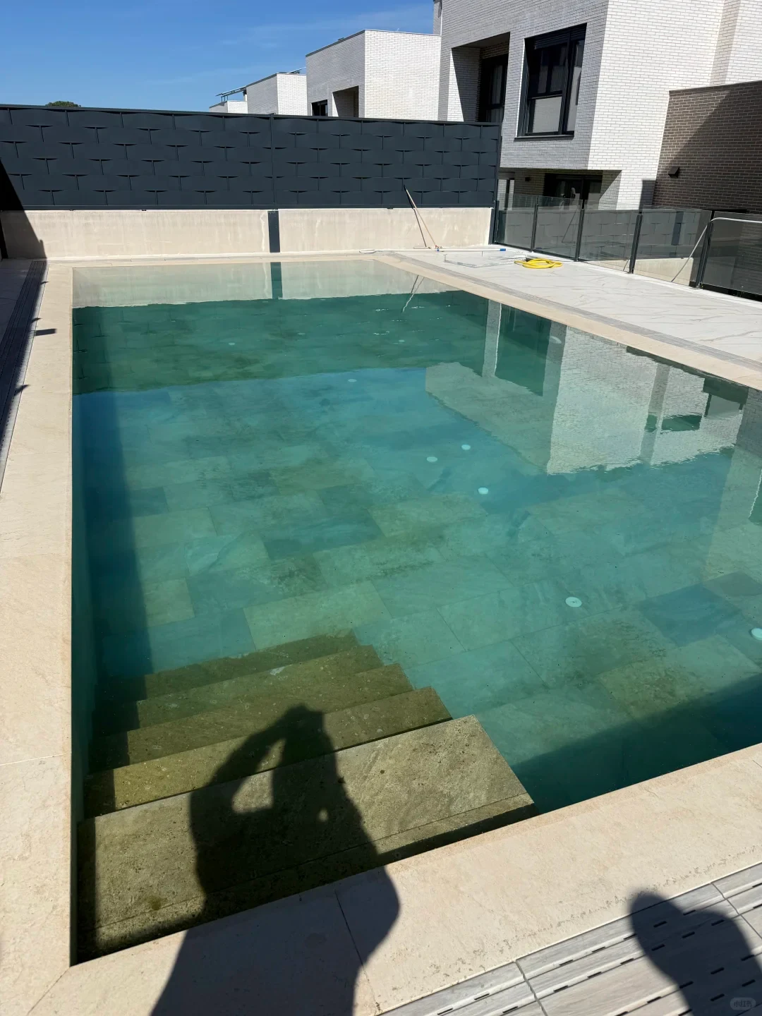 Outdoor rectangular swimming pool with greenish water and submerged steps covered in algae, set within a paved patio next to modern residential buildings.