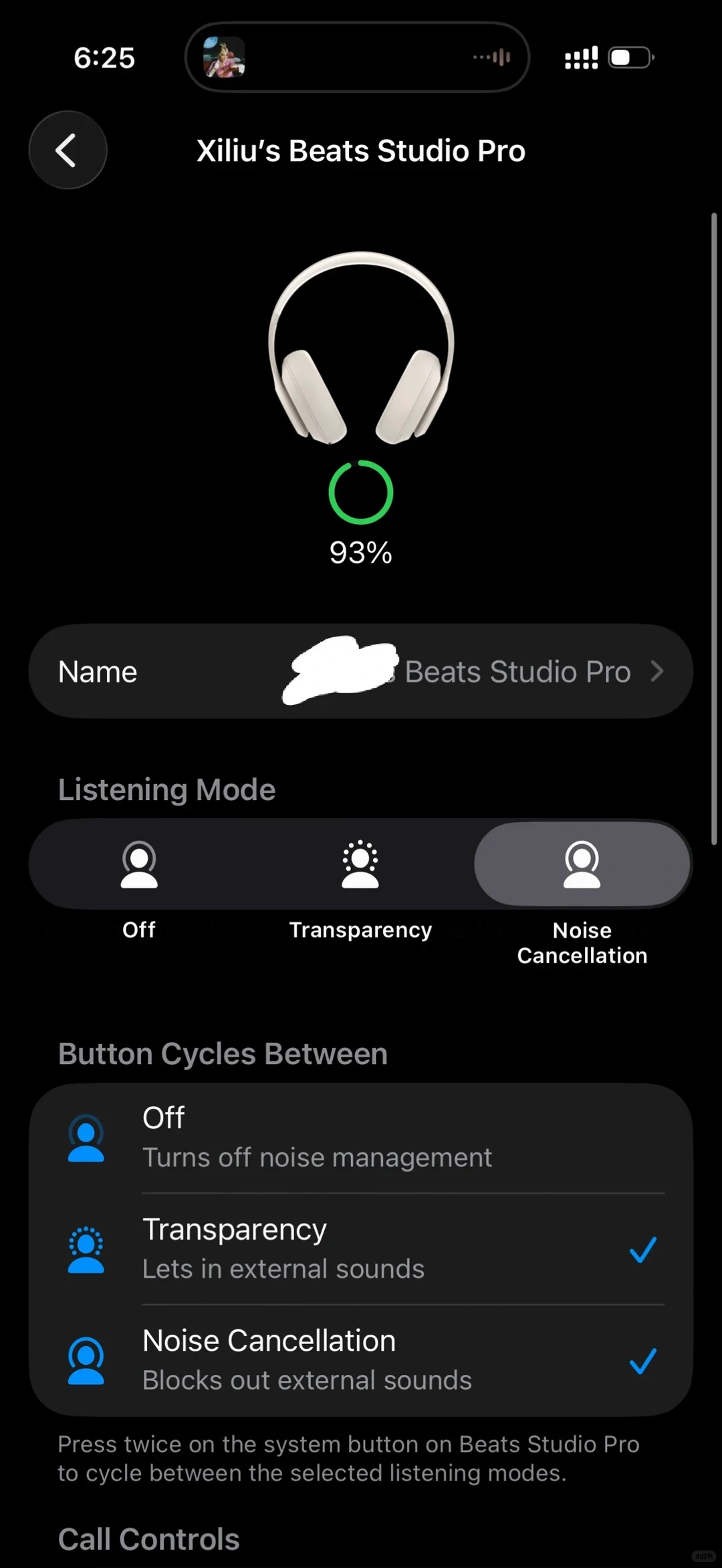 Screenshot of an iPhone settings menu for Beats Studio Pro headphones, displaying a 93% battery level, Listening Mode options set to Noise Cancellation, and button cycle configuration.