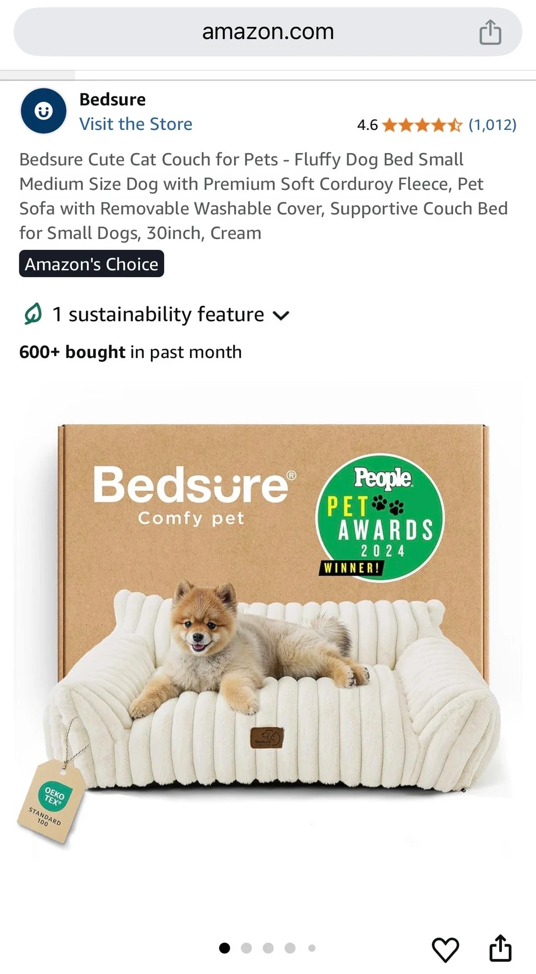 Amazon product listing for a Bedsure cream corduroy pet sofa bed, featuring a small dog resting on the bed in front of the product packaging box with a People Pet Awards 2024 badge.