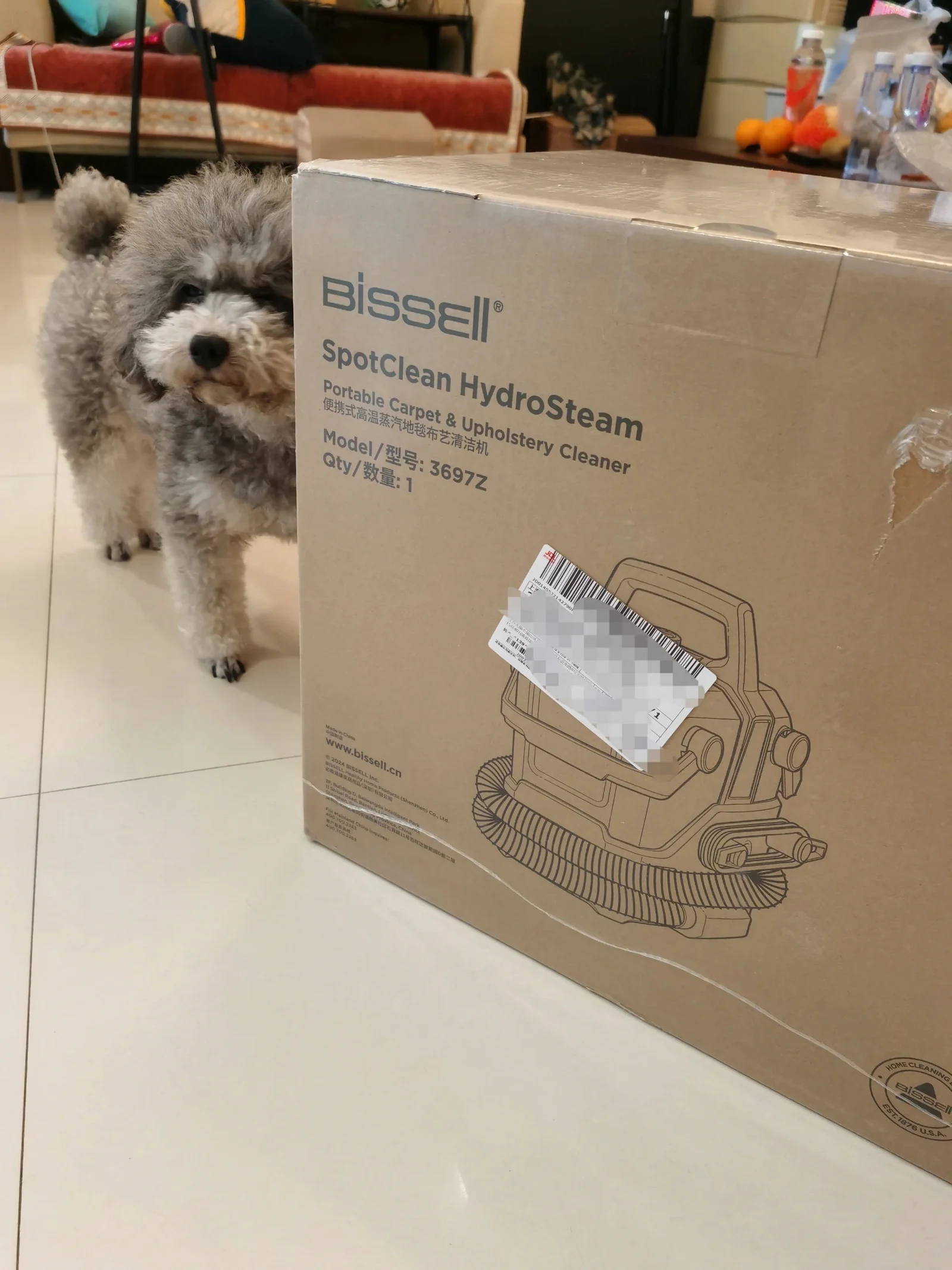 The shipping box identifies model 3697Z, with the owner’s dog beside it.