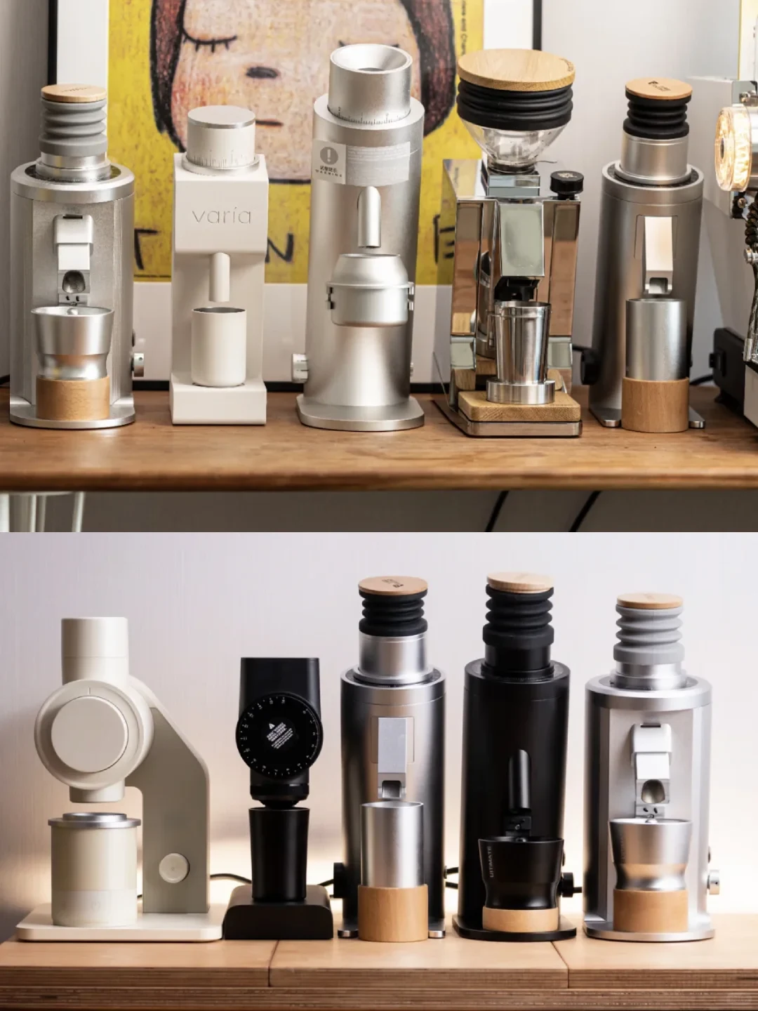 Two stacked product photos show a row of coffee grinders and espresso-preparation devices in silver, white, and black, displayed on wooden counters.