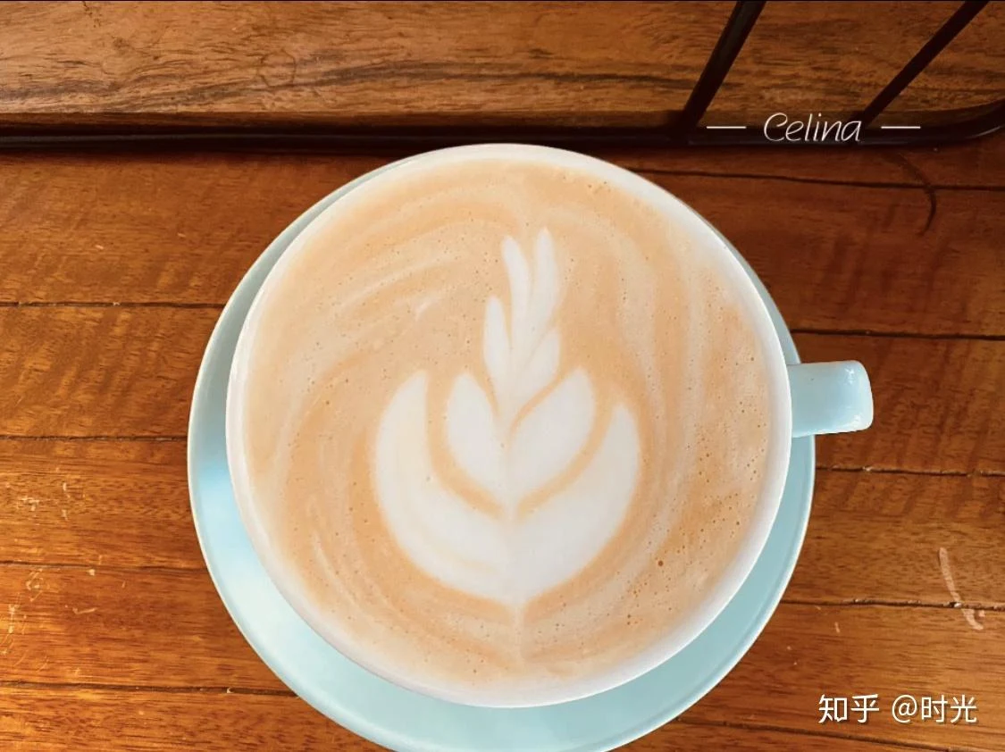 Top-down view of a cup of foamy coffee with white leaf-shaped latte art, placed on a pale blue saucer on a wooden table.