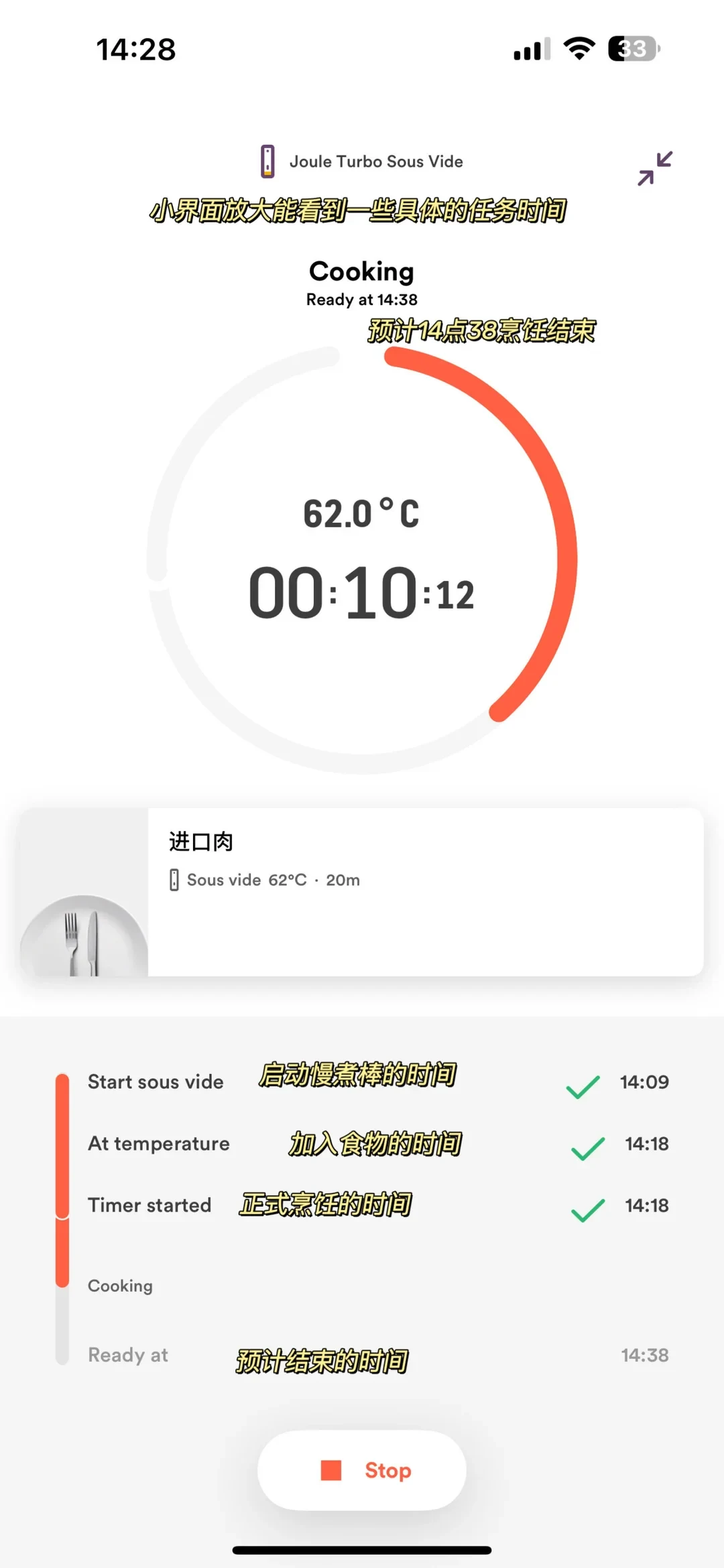 A smartphone app screen for Joule Turbo Sous Vide displaying cooking progress, a timer set at 62.0 degrees Celsius, status checkpoints, and handwritten-style explanatory Chinese annotations.