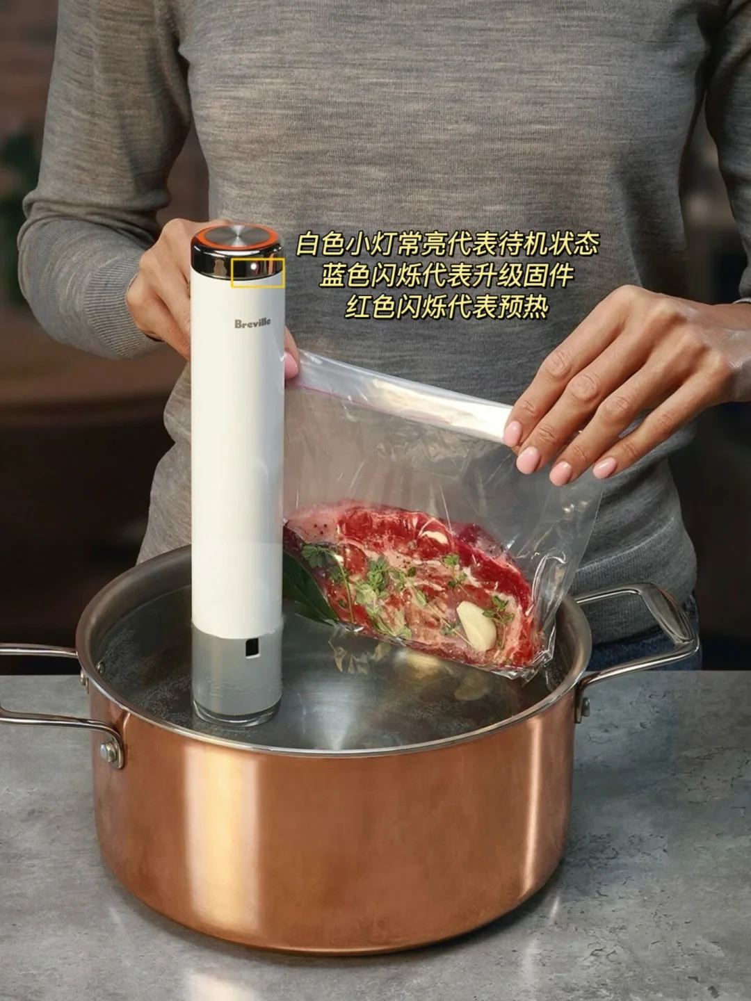 A person placing a vacuum-sealed bag with seasoned raw meat into a copper pot of water next to a Breville sous vide immersion circulator.