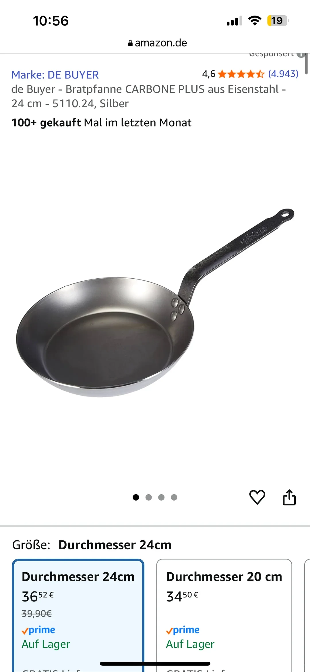 Screenshot of an Amazon Germany product listing displaying a de Buyer Carbone Plus 24 cm carbon steel frying pan along with size options and pricing details in German.