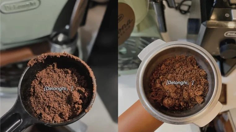 Side-by-side comparison of ground coffee in a black measuring scoop on the left and transferred into a portafilter basket on the right.