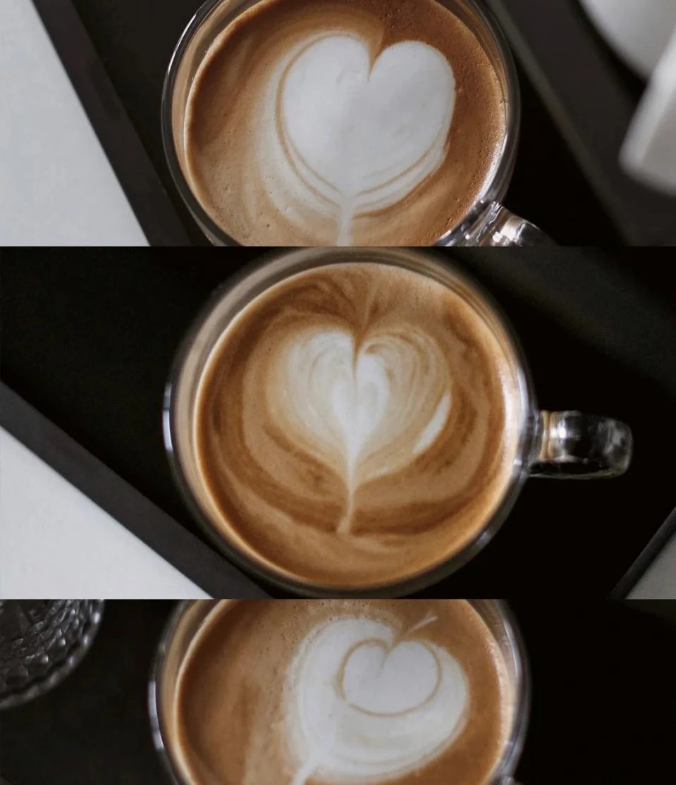 Vertical composite of top-down views showing lattes in clear glass cups featuring poured heart latte art on golden brown crema.