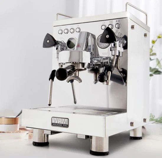 Welhome Pro semi-automatic espresso machine in white with stainless steel accents, dual gauges, and front controls.