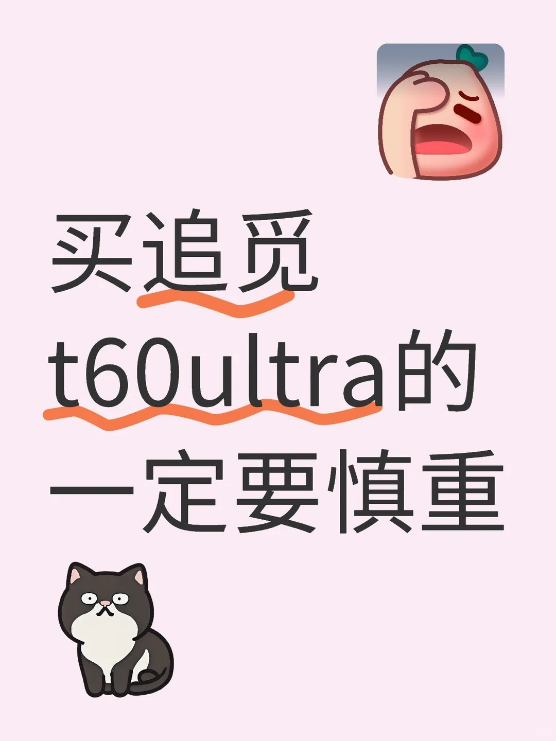 Graphic featuring bold text on a light pink background warning buyers about the Dreame T60 Ultra, accompanied by a distressed peach sticker at the top right and a cartoon tuxedo cat at the bottom left.