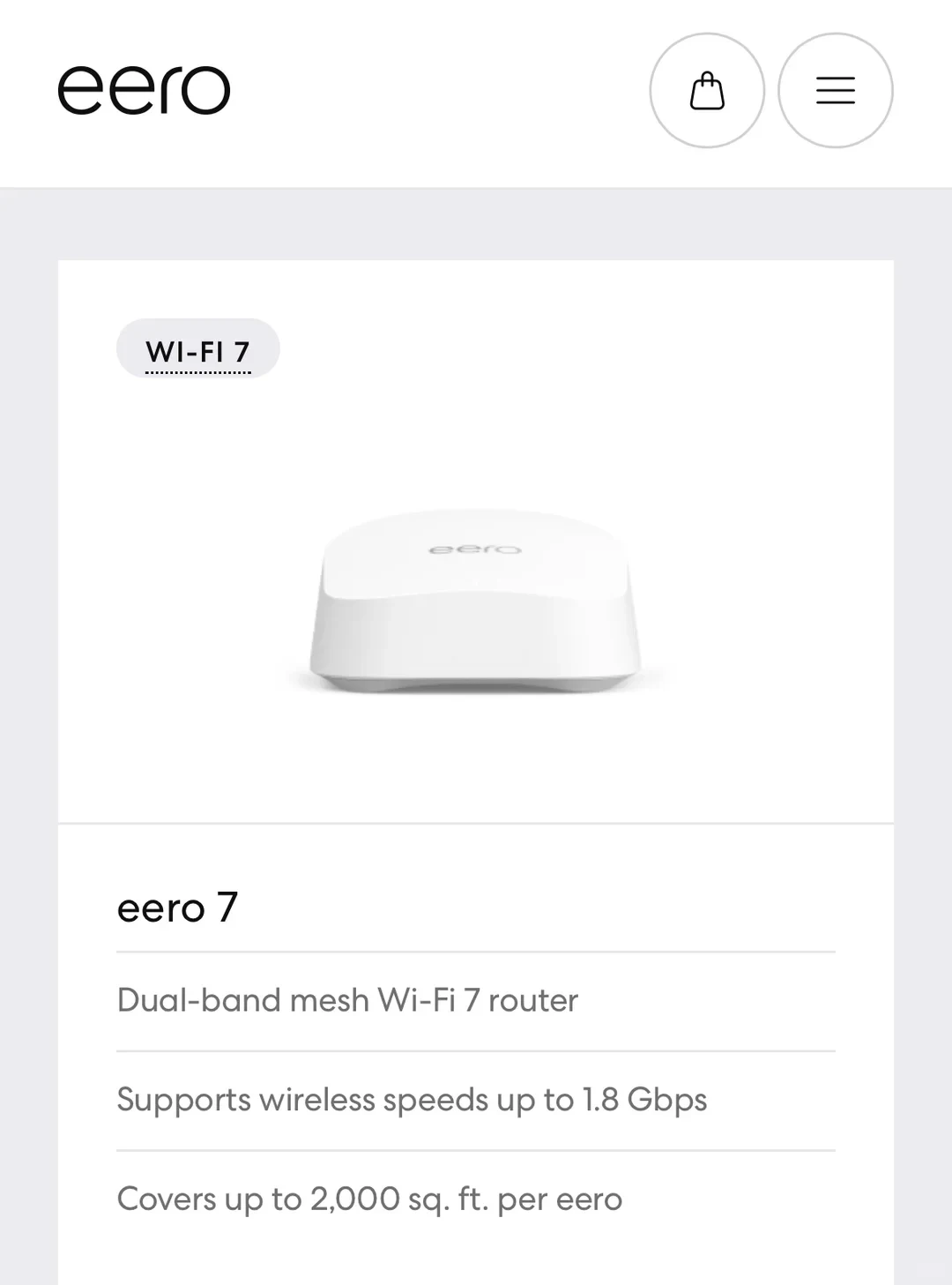 Product listing screenshot for the eero 7 dual-band mesh Wi-Fi 7 router, showing the compact white device alongside specifications for speed up to 1.8 Gbps and coverage up to 2,000 square feet.