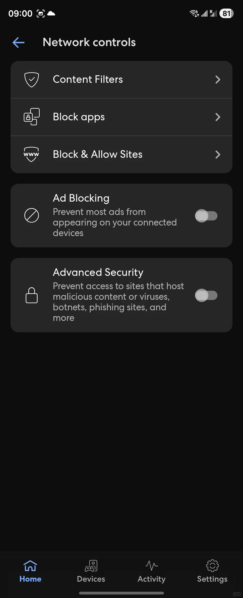 A smartphone screenshot displaying a 'Network controls' settings screen in a network management application. Options include Content Filters, Block apps, Block & Allow Sites, Ad Blocking with a disabled toggle, and Advanced Security with a disabled toggle. Navigation tabs at the bottom include Home, Devices, Activity, and Settings.