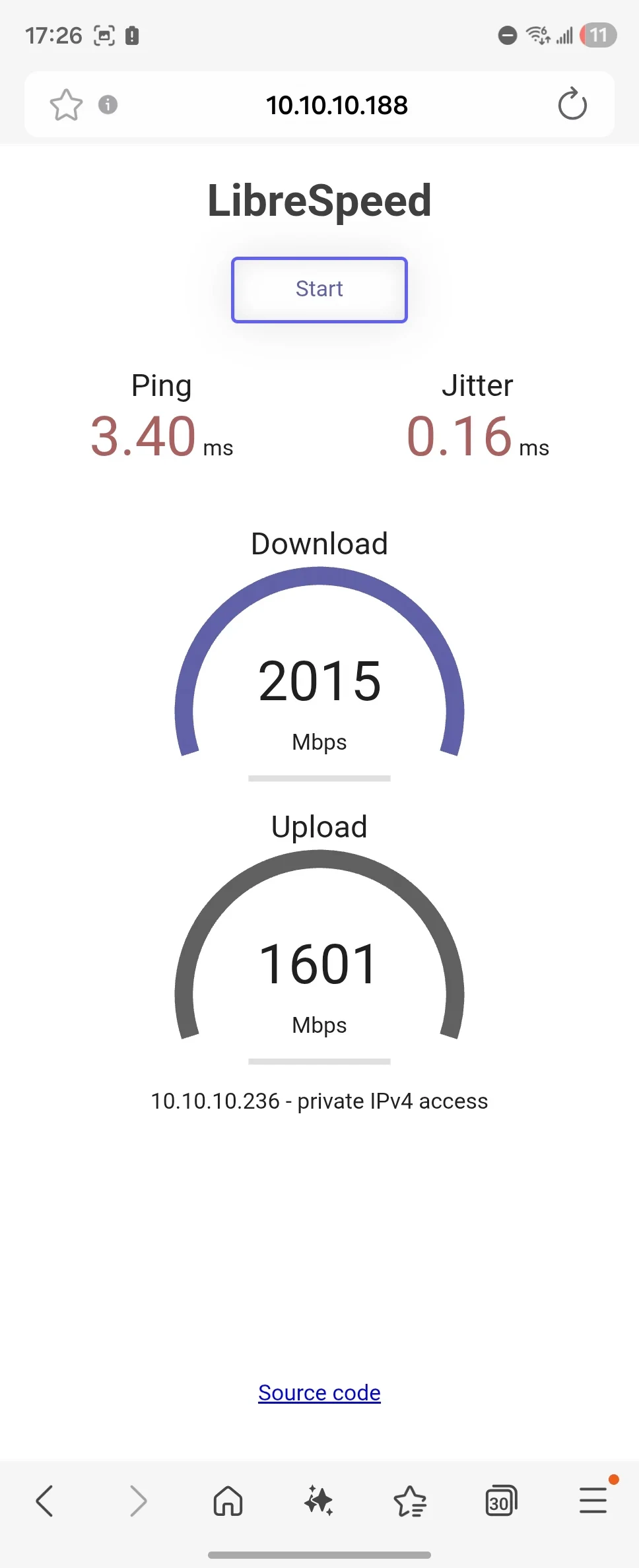 Mobile screenshot of a LibreSpeed speed test page showing results with 3.40 ms ping, 0.16 ms jitter, 2015 Mbps download speed, and 1601 Mbps upload speed.