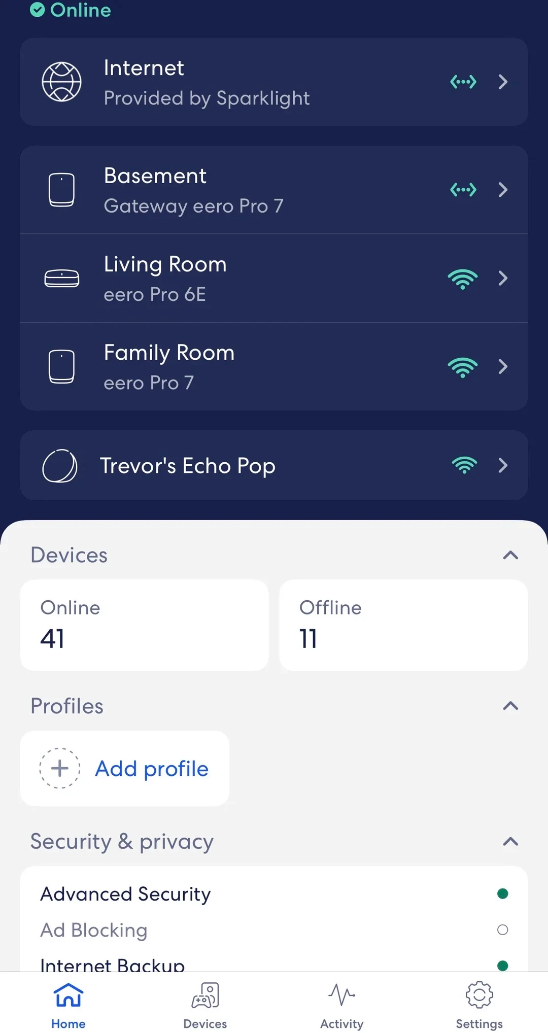 Screenshot of the eero mobile application interface showing network status with online devices including eero Pro 7 and eero Pro 6E routers, an Echo Pop, and device counts indicating 41 online and 11 offline.