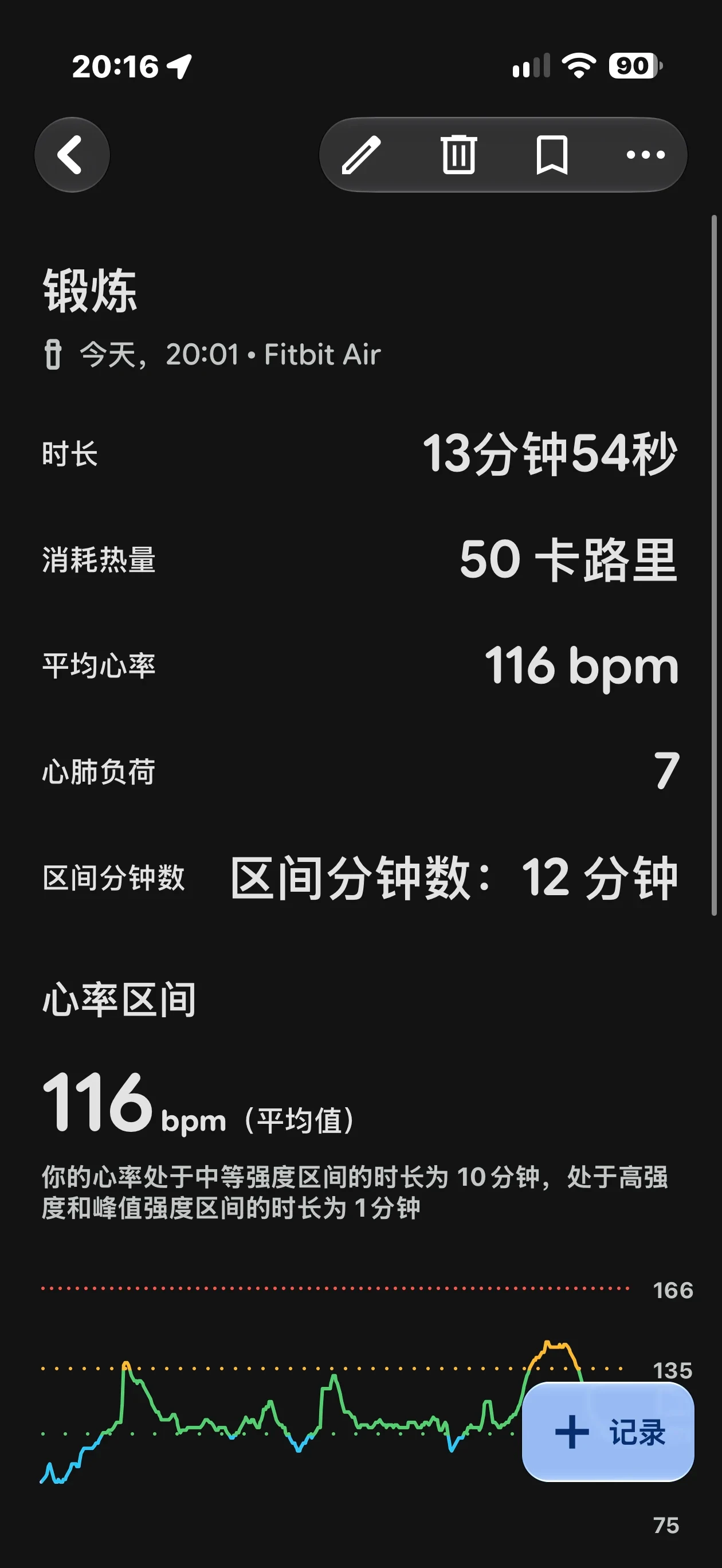 A mobile screenshot of a fitness tracking app showing the summary of a workout recorded with Fitbit Air, detailing duration, calories burned, heart rate, and heart rate zone statistics.