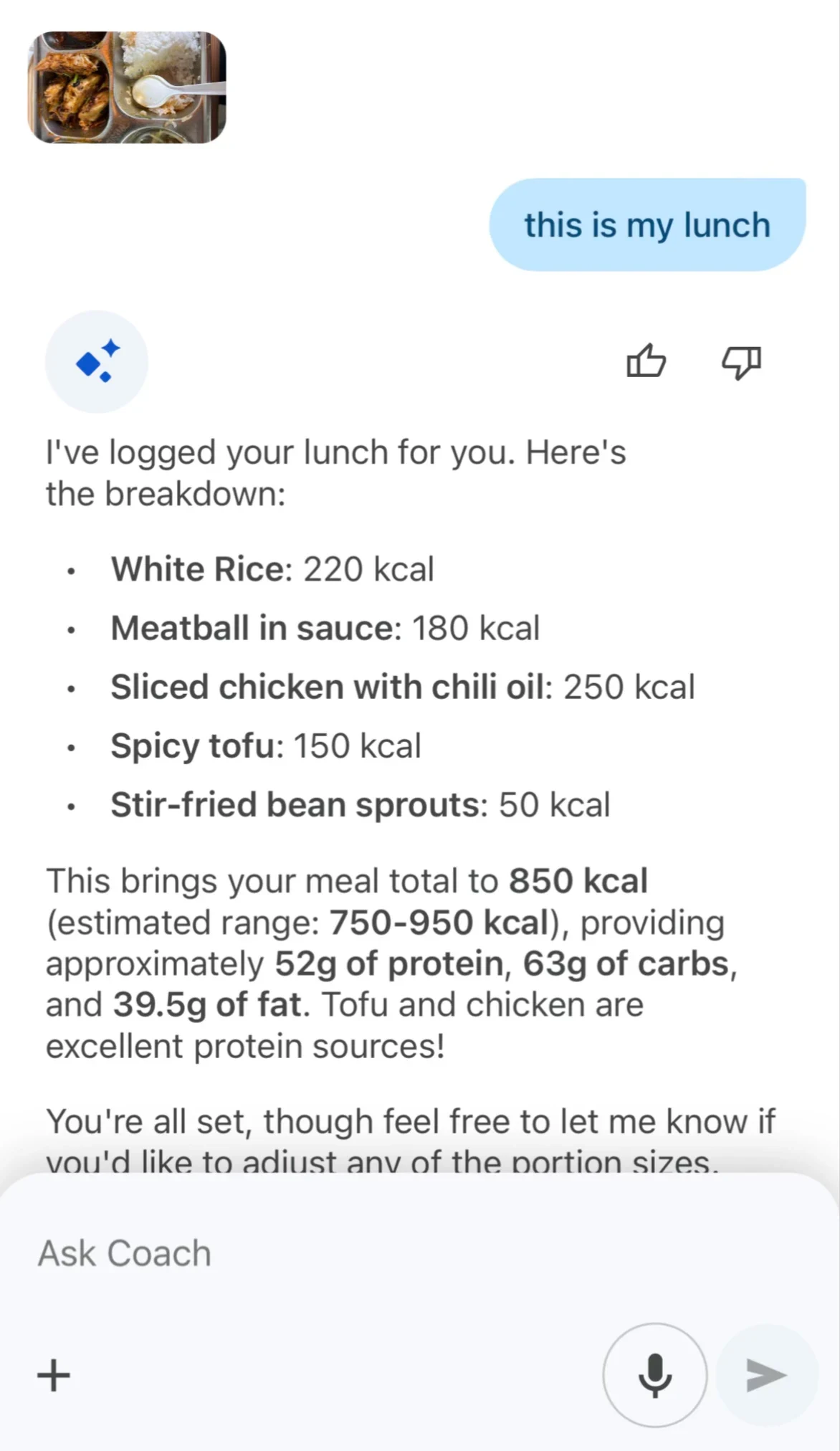 Screenshot of a chat conversation with an AI nutrition coach logging a lunch meal photo, showing an estimated calorie and macronutrient breakdown for white rice, meatball, sliced chicken, spicy tofu, and stir-fried bean sprouts.