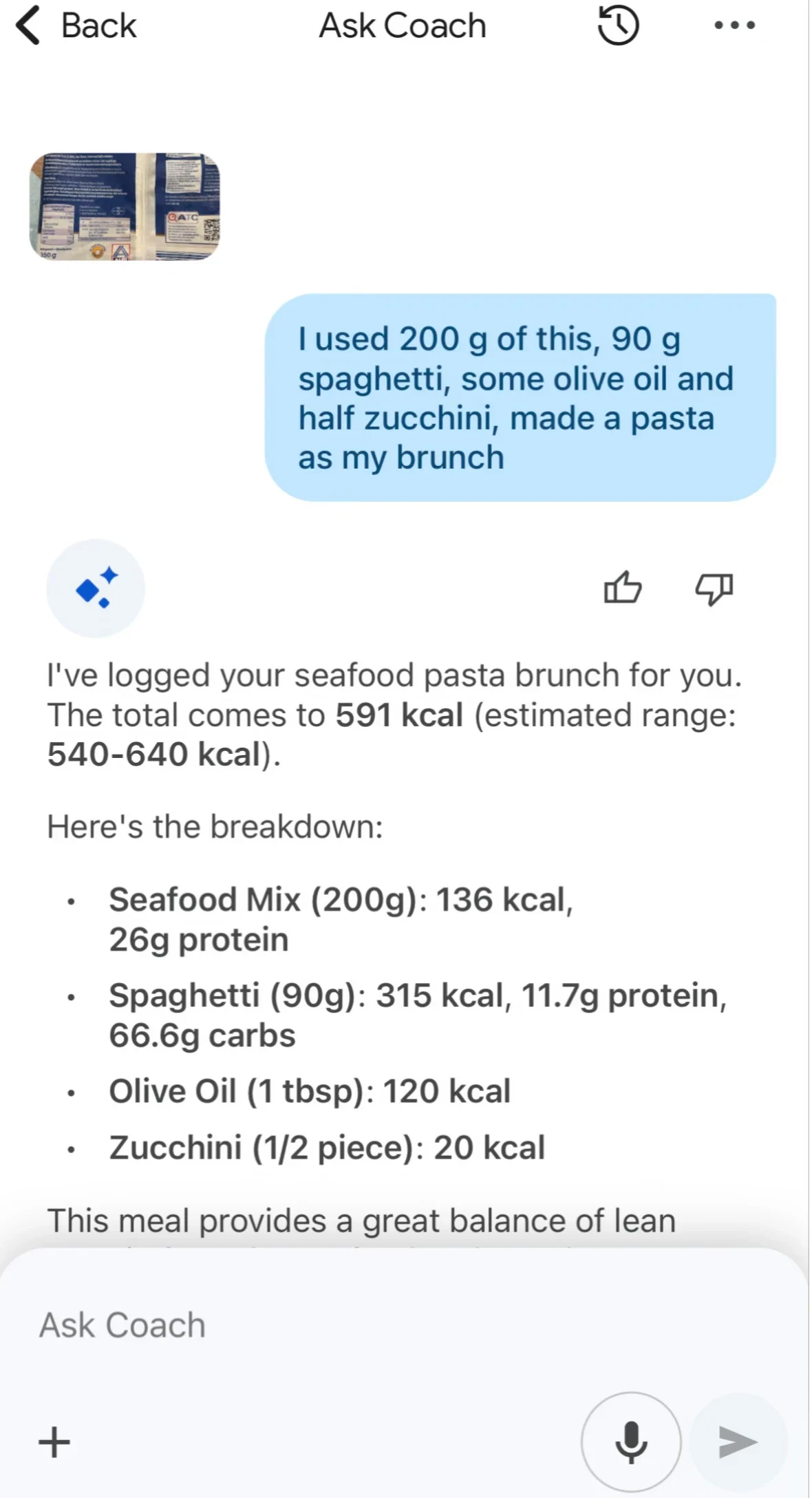 Screenshot of an AI nutrition coach chat interface where a user logs ingredients for a seafood pasta brunch, and the coach provides a calorie breakdown totaling 591 kcal.