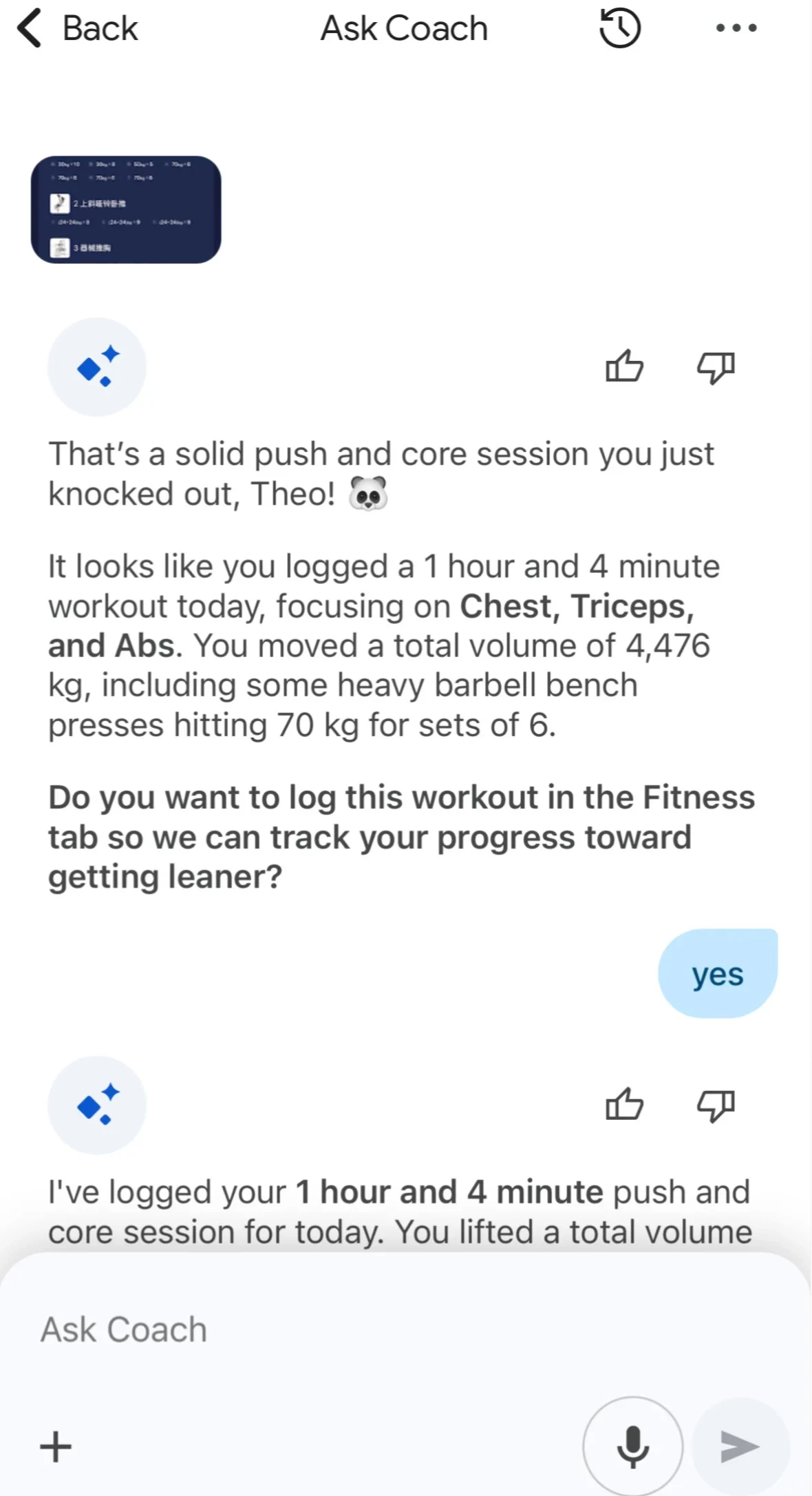 Screenshot of a mobile chat interface titled 'Ask Coach' where an AI fitness assistant analyzes an uploaded workout log image and confirms logging a 1-hour and 4-minute push and core session.