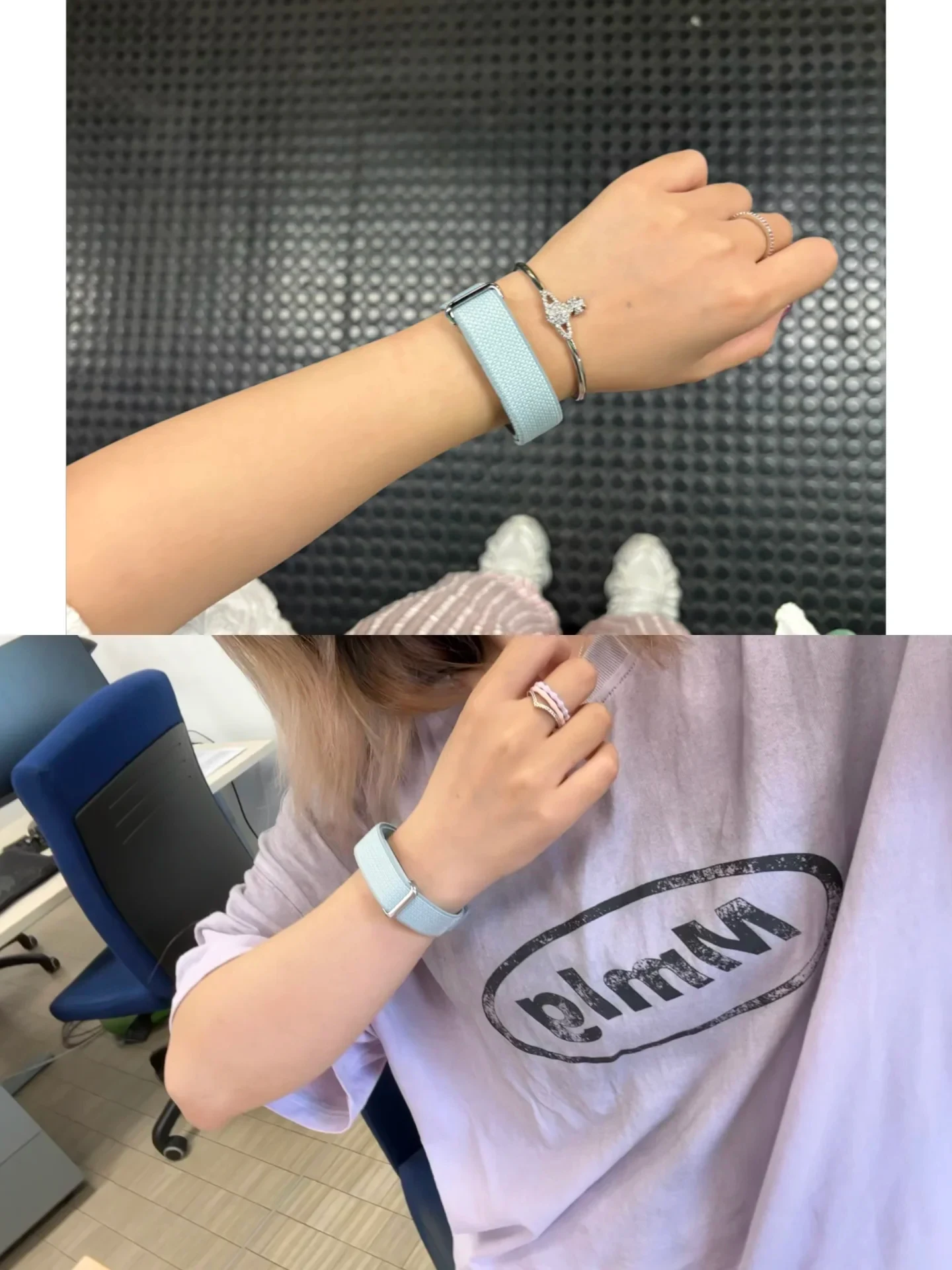 A two-panel collage showcasing a light blue woven wristband worn on the wrist. In the top photo, the wristband is paired with a silver orb bracelet against a black textured floor. In the bottom photo, a person wearing a lavender graphic t-shirt models the wristband.
