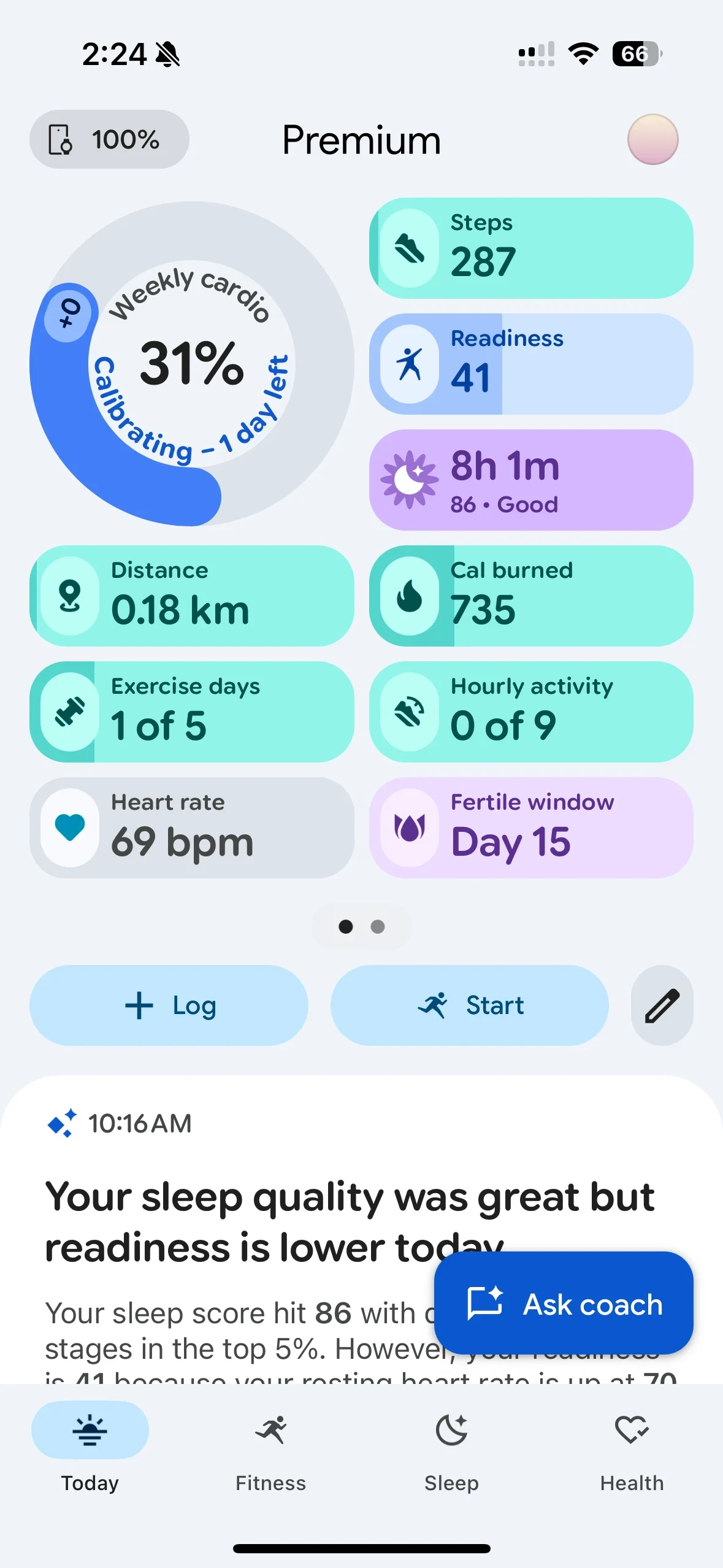 Screenshot of a health and fitness tracking mobile application dashboard displaying daily metrics such as weekly cardio percentage, steps, readiness score, sleep duration, distance, calories burned, heart rate, and personalized sleep insights.
