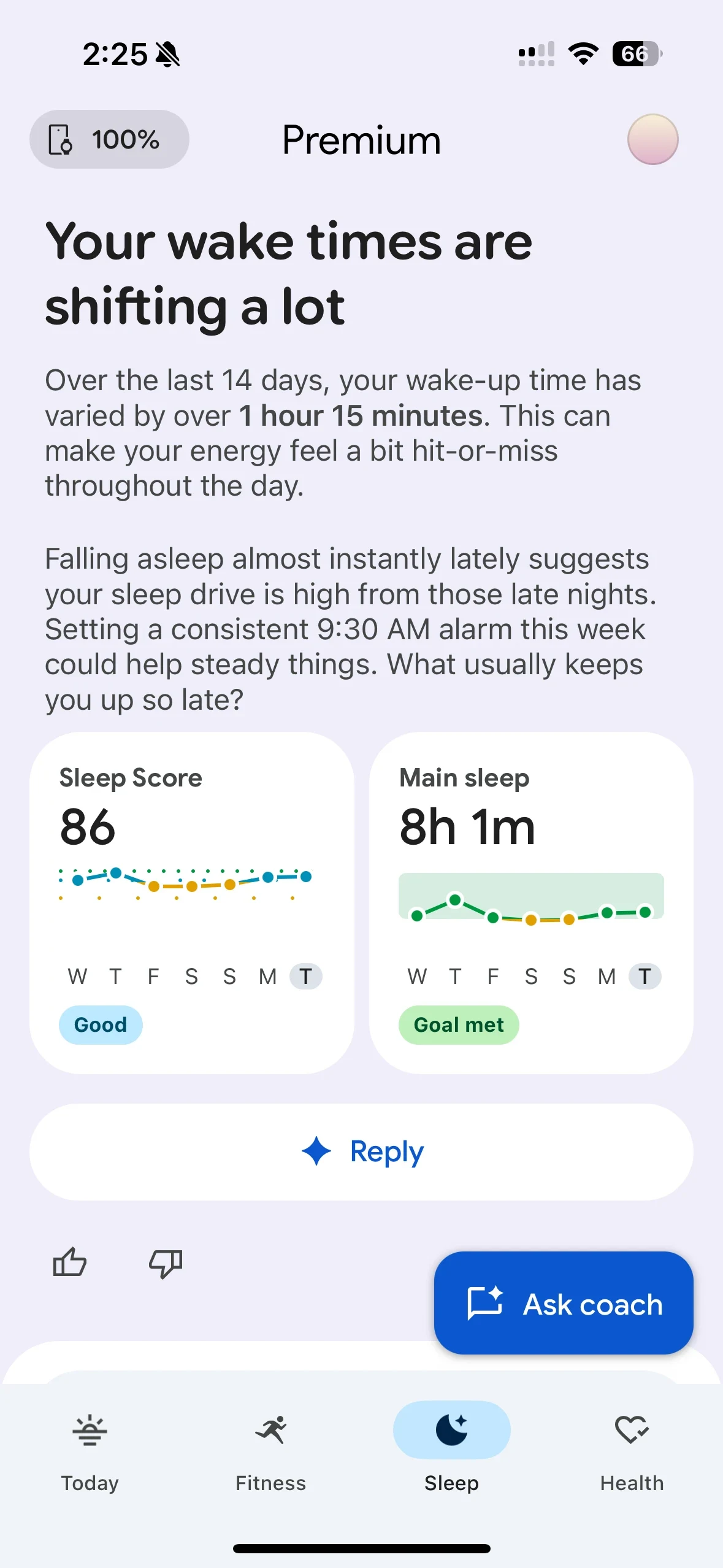 Screenshot of a sleep tracking app interface featuring a Premium insight titled 'Your wake times are shifting a lot.' Below the summary text, two cards display a Sleep Score of 86 rated 'Good' and a Main Sleep duration of 8 hours 1 minute marked 'Goal met', both with weekly trend graphs.