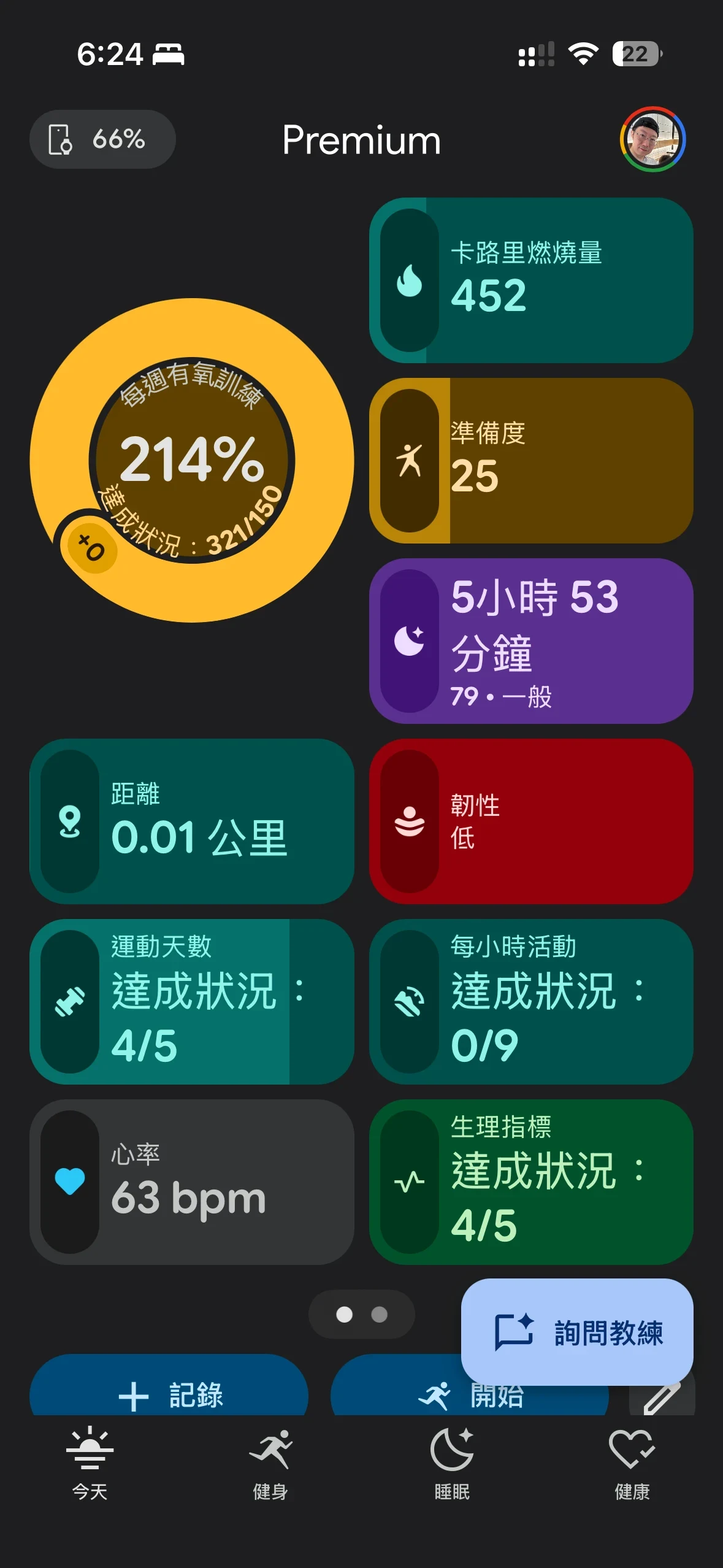 Screenshot of a fitness and health tracking app dashboard in dark mode displaying various daily activity and wellness metric tiles.
