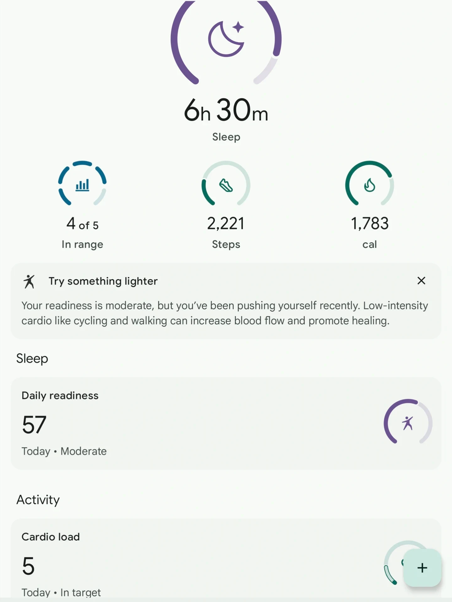 A fitness tracking app dashboard displaying daily health statistics, including 6 hours 30 minutes of sleep, 2,221 steps, 1,783 calories burned, a daily readiness score of 57 marked as Moderate, and advice suggesting lighter activity.