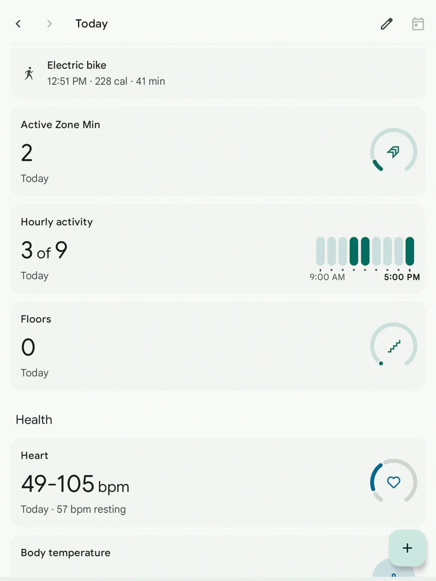 Screenshot of a health and fitness tracking app displaying daily metrics including electric bike exercise details, active zone minutes, hourly activity progress, floors climbed, and heart rate data.