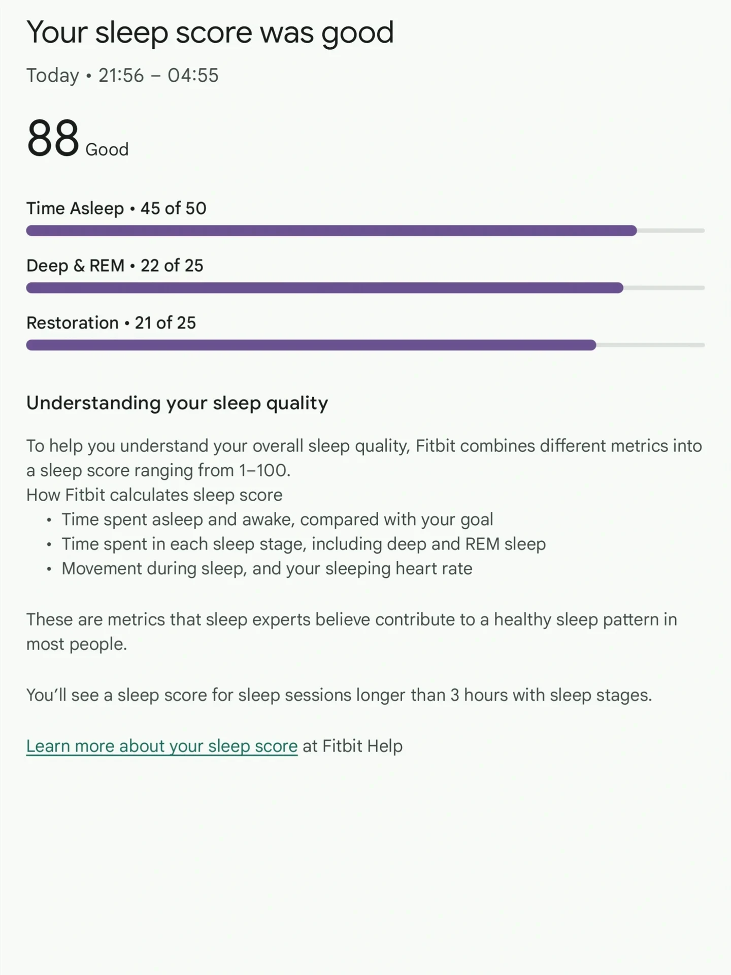 Screenshot of a Fitbit sleep score summary screen displaying a score of 88 (Good) for a sleep session between 21:56 and 04:55, with metric breakdowns for Time Asleep, Deep & REM, and Restoration alongside an explanatory section on how sleep score is calculated.