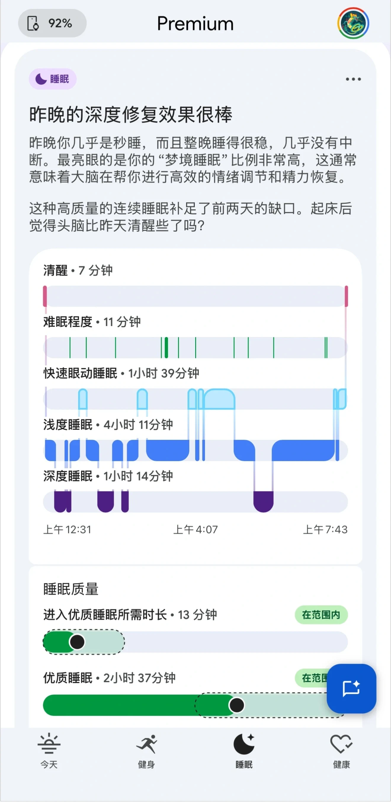 Screenshot of a mobile health app sleep tracking interface showing sleep stages graph, duration metrics, and an analytical summary.