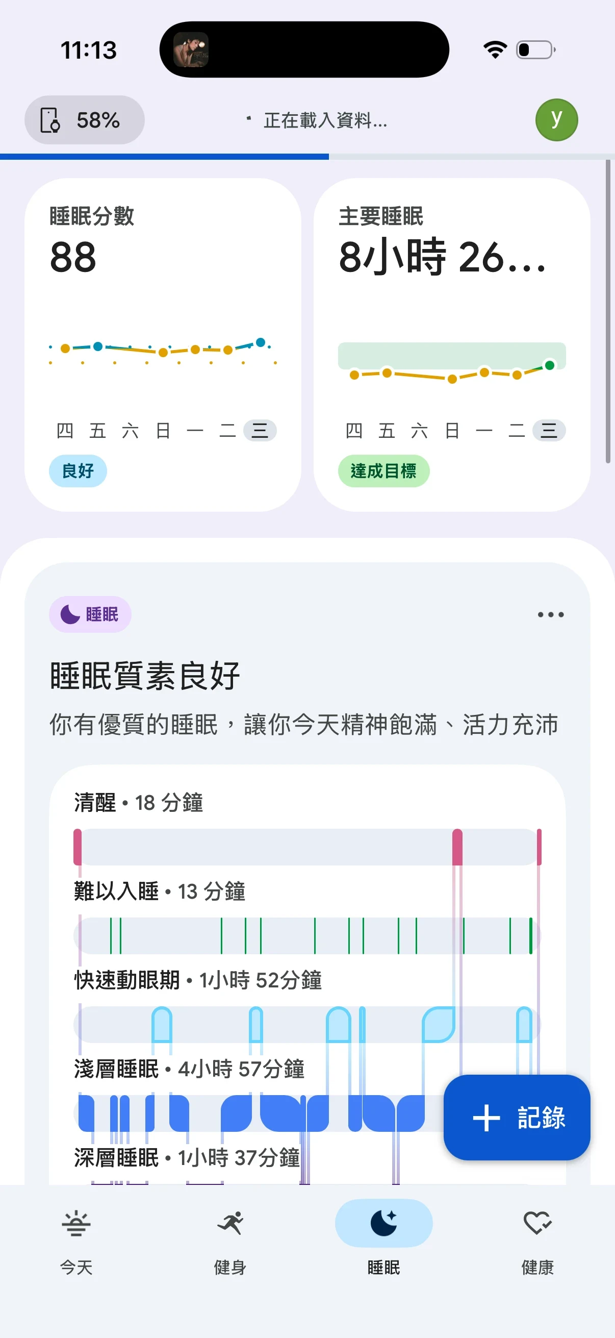 A screenshot of a mobile sleep tracking app showing daily metrics, including an 88 sleep score, total sleep duration of over 8 hours, and a detailed graph breakdown of sleep stages throughout the night.