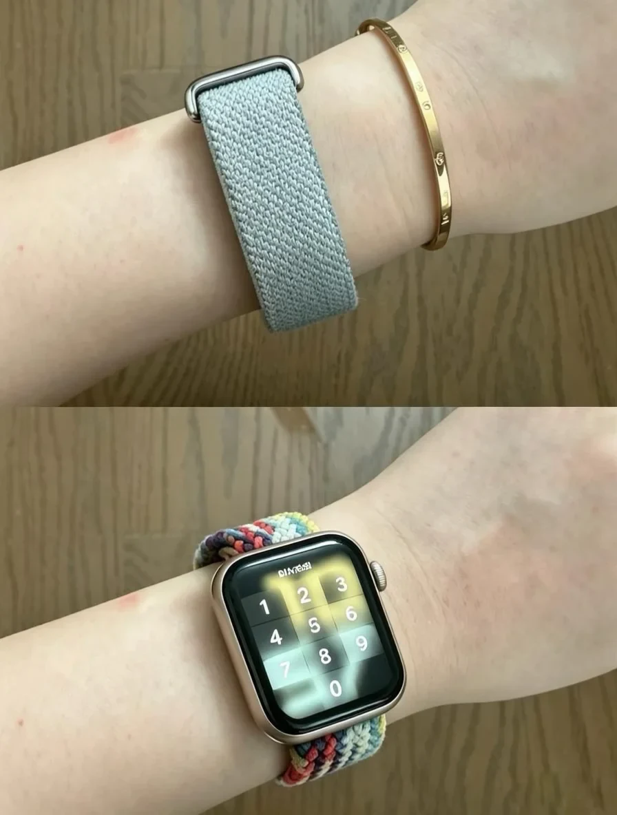 A two-panel photo demonstrating an Apple Watch strap on a wrist. The top photo shows the inner wrist with a light blue-gray woven strap next to a thin gold bangle. The bottom photo shows the watch face displaying a numerical passcode screen, fitted with a colorful braided fabric strap.