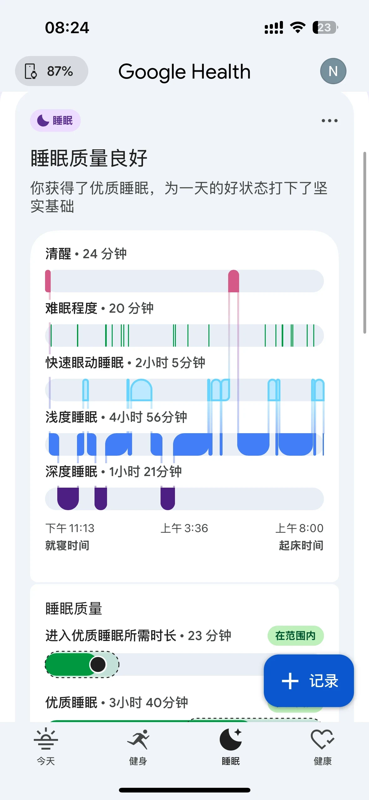 Screenshot of the Google Health mobile app interface displaying a sleep quality analysis with a stage-by-stage hypnogram chart.