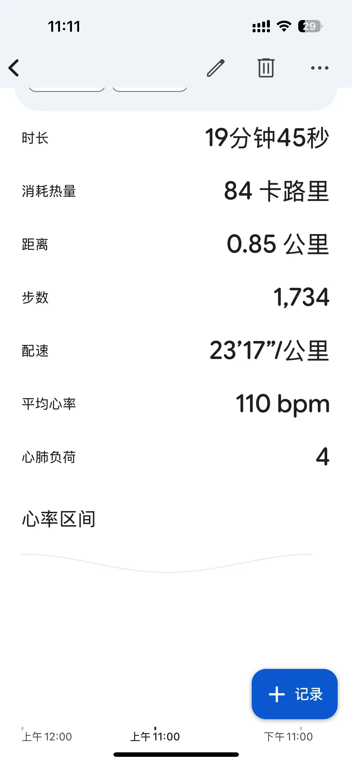 Screenshot of a workout activity summary in a mobile fitness app displaying metrics such as duration, calories burned, distance, step count, pace, and average heart rate.