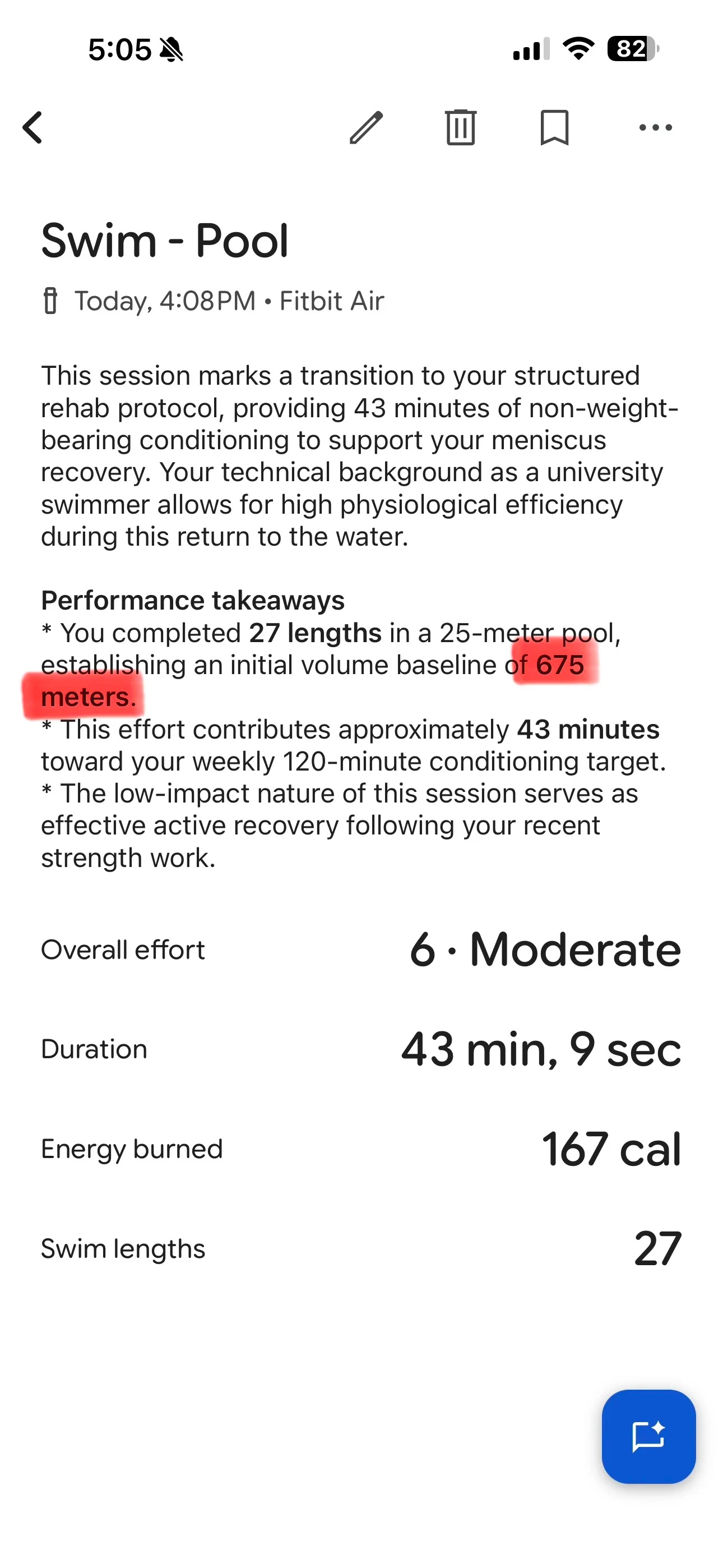 Screenshot of a fitness app displaying workout summary details for a pool swim session, highlighting key performance takeaways with a red marker around '675 meters.' Stats list an overall effort of 6 (Moderate), duration of 43 minutes and 9 seconds, 167 calories burned, and 27 swim lengths.