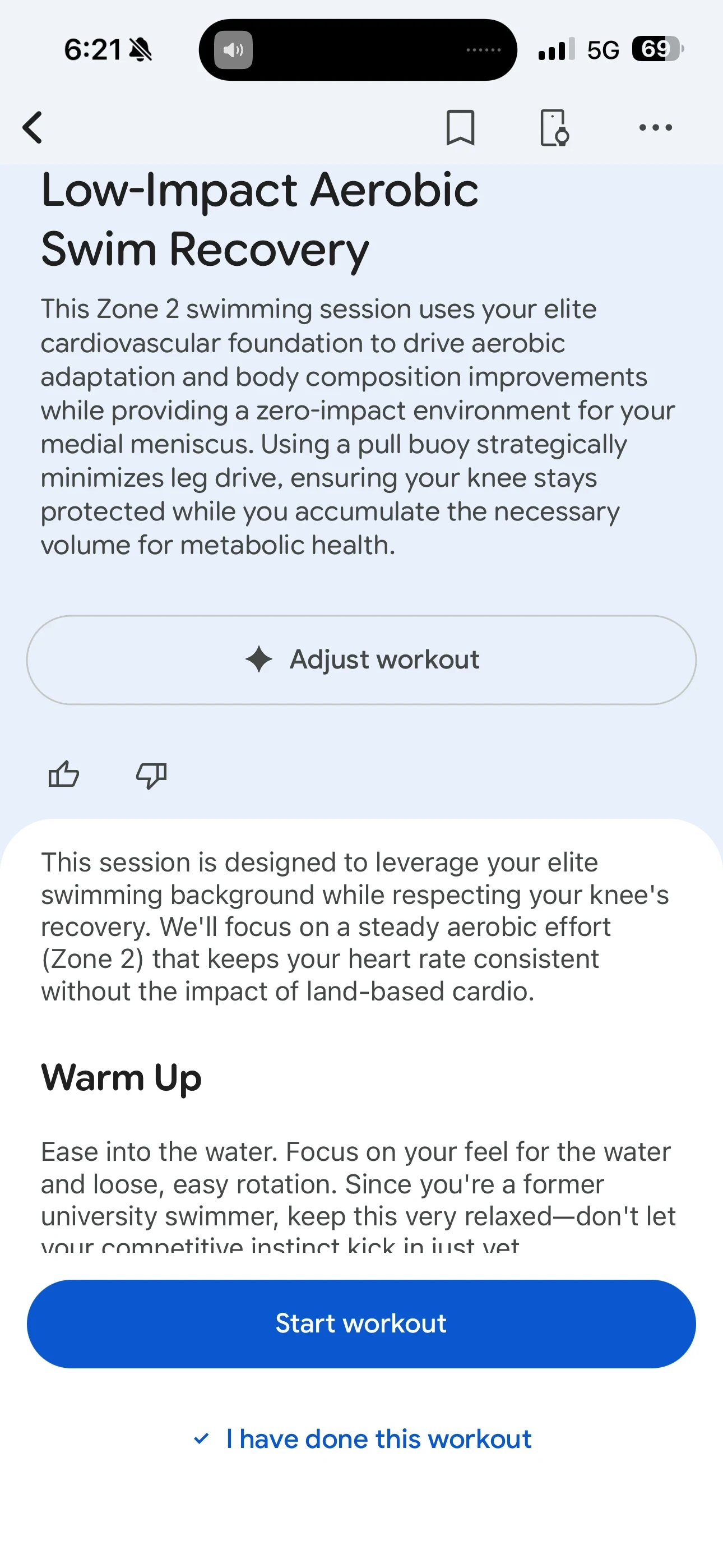 Screenshot of a mobile fitness app displaying a workout routine titled "Low-Impact Aerobic Swim Recovery", featuring an explanation of the session, an "Adjust workout" option, warm-up instructions, and a "Start workout" button at the bottom.