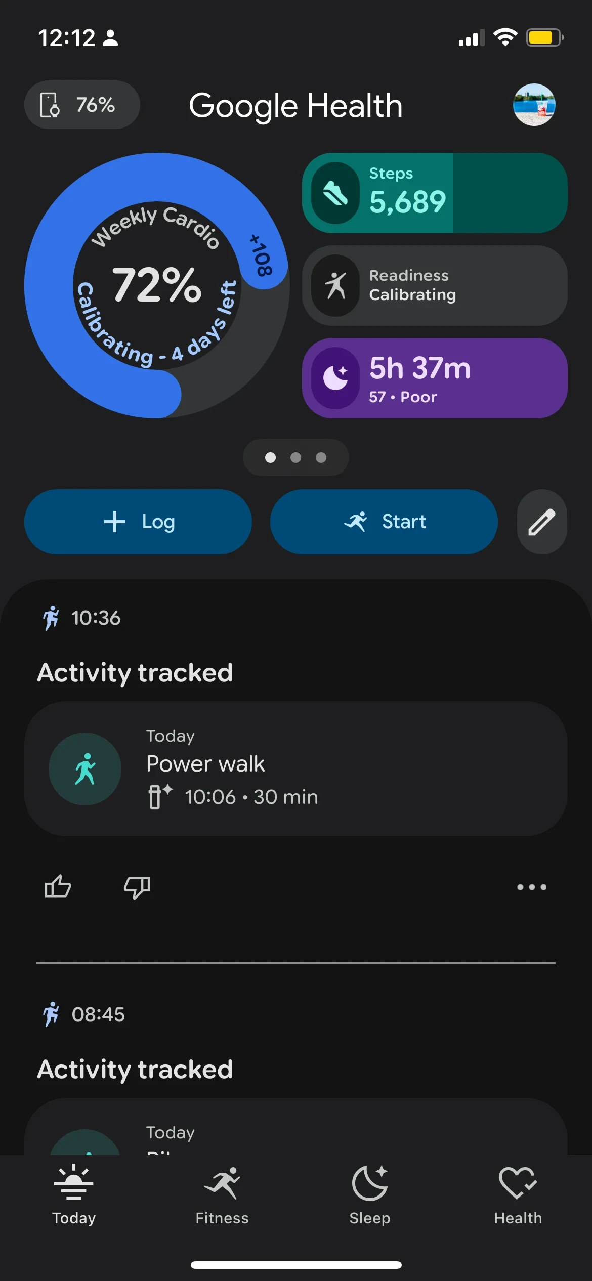 Screenshot of a health and fitness tracking app displaying daily metrics, including a circular progress ring for Weekly Cardio at 72%, step count at 5,689, sleep duration of 5 hours 37 minutes, and logged activity such as a 30-minute power walk.