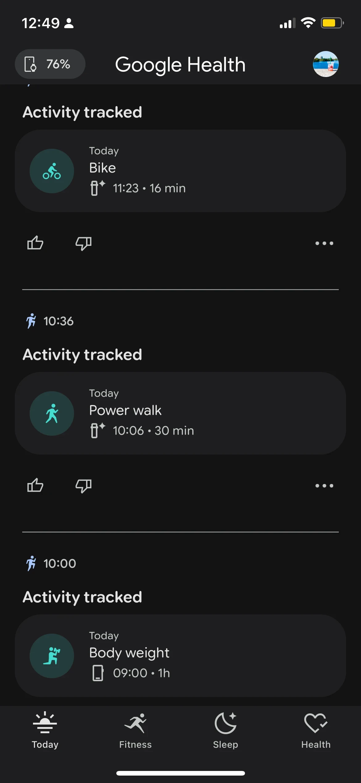 Smartphone screenshot showing the Google Health app interface in dark mode with a list of tracked activities including Bike, Power walk, and Body weight, along with bottom navigation tabs for Today, Fitness, Sleep, and Health.
