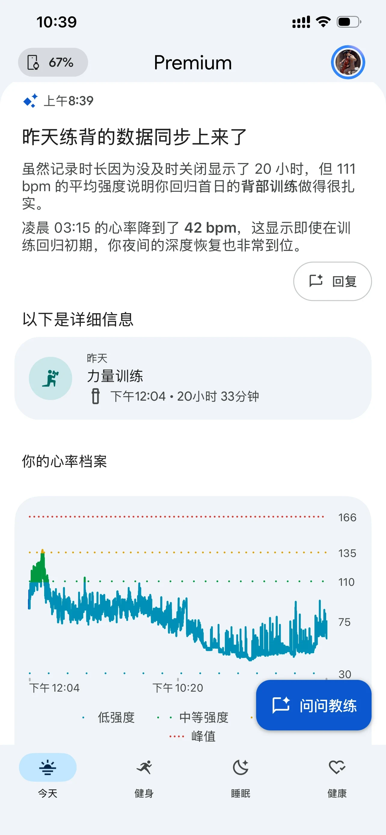 Screenshot of a fitness app displaying an AI summary of a back workout, noting a 111 bpm average heart rate and nocturnal recovery to 42 bpm despite an extended 20-hour recording duration. A heart rate chart and activity card are shown below.