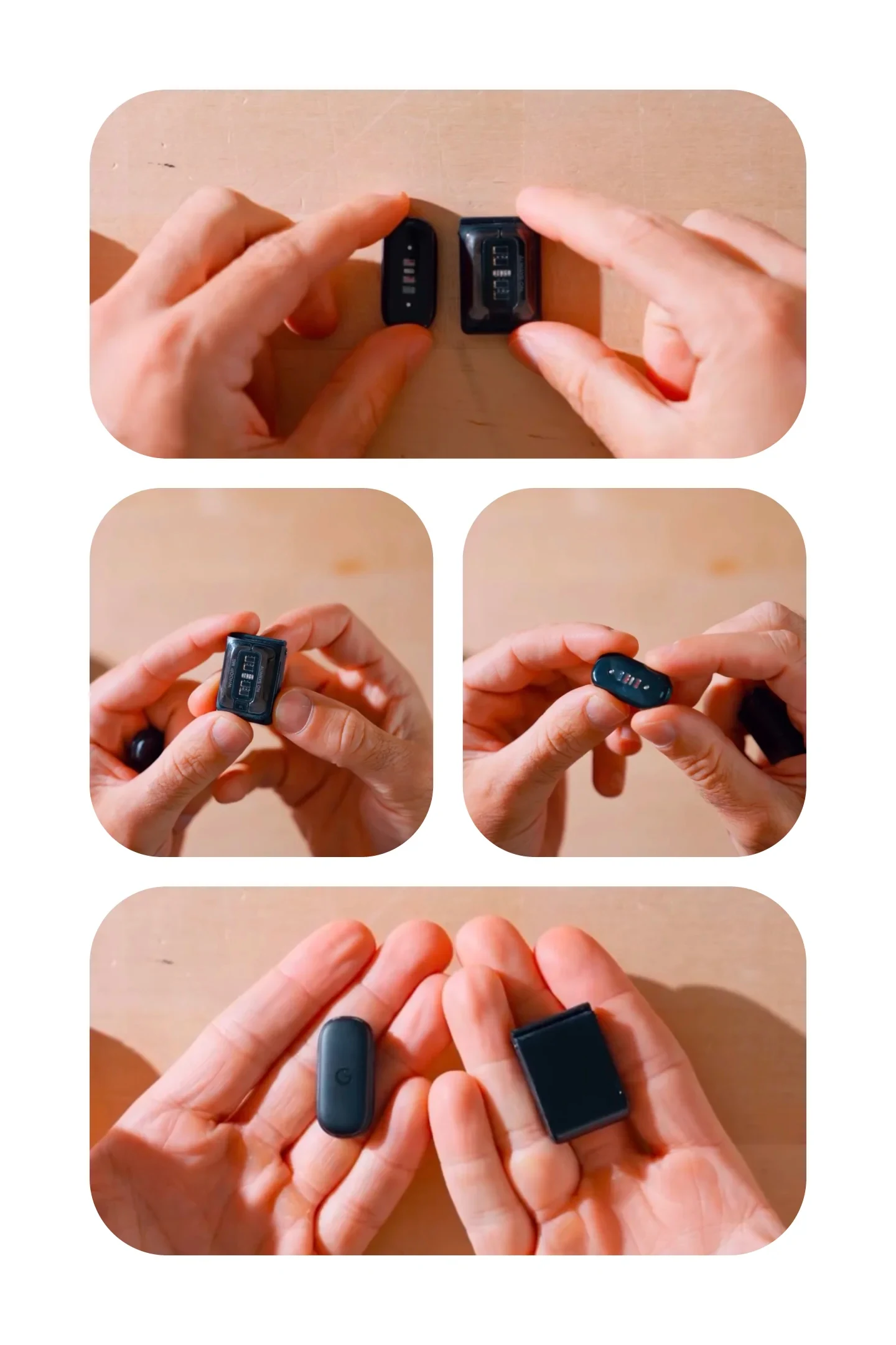 A collage of four photos showing hands holding and comparing a compact black fitness tracker sensor and its rectangular clip-on battery charger pack against a light wood background.