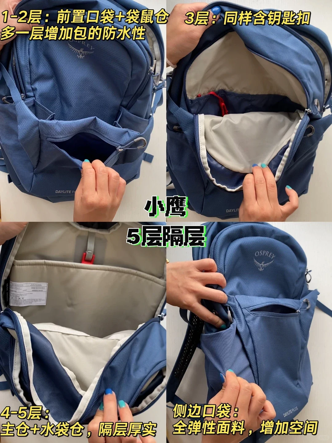 A four-panel photo demonstration showing the various compartments and features of a blue Osprey Daylite Plus backpack.