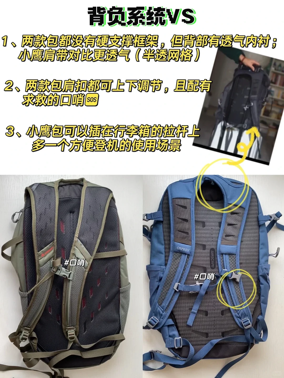A comparison image displaying the back panels of two backpacks side by side: a greenish-gray Gregory backpack on the left and a blue Osprey backpack on the right, accompanied by numbered comparative notes and an inset showing a backpack mounted on luggage handles.