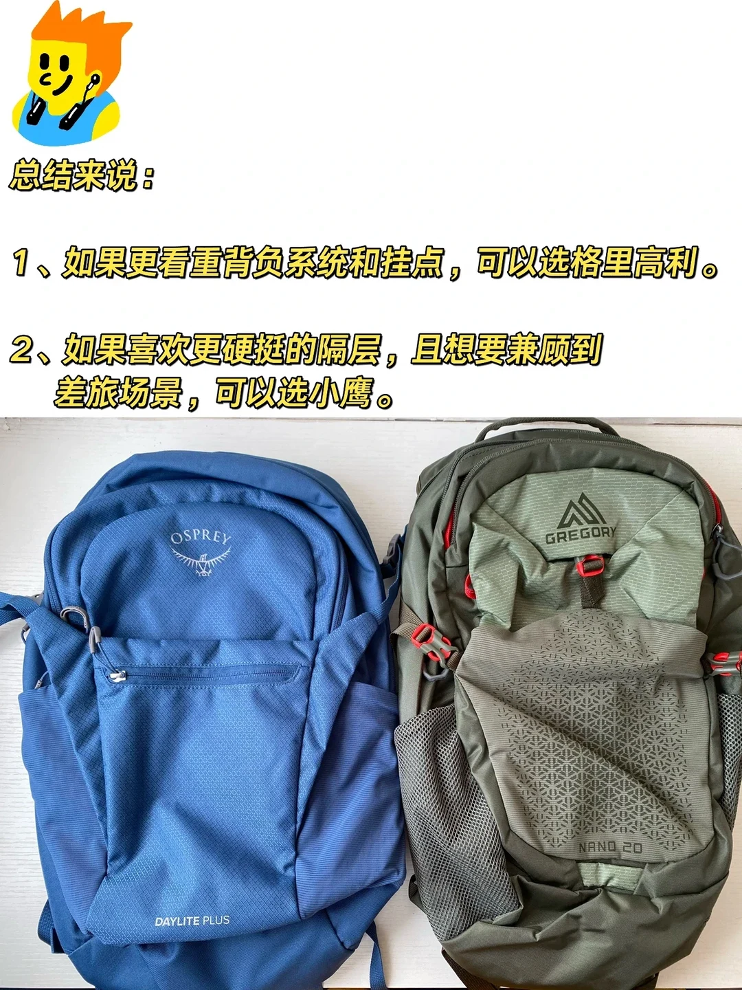 A comparison showing a blue Osprey Daylite Plus backpack on the left and an olive green Gregory Nano 20 backpack on the right, accompanied by Chinese summary text.