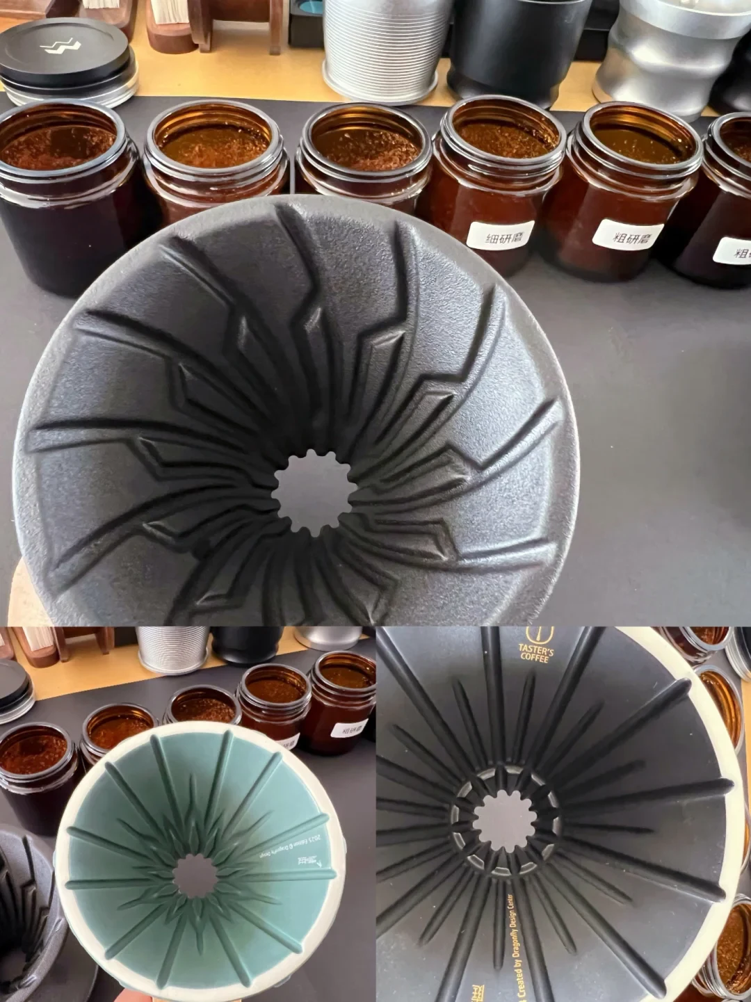 A collage shows a black ceramic dripper with recessed channels and two other ceramic dripper interiors. Jars in the background are labelled for fine and coarse grinds.